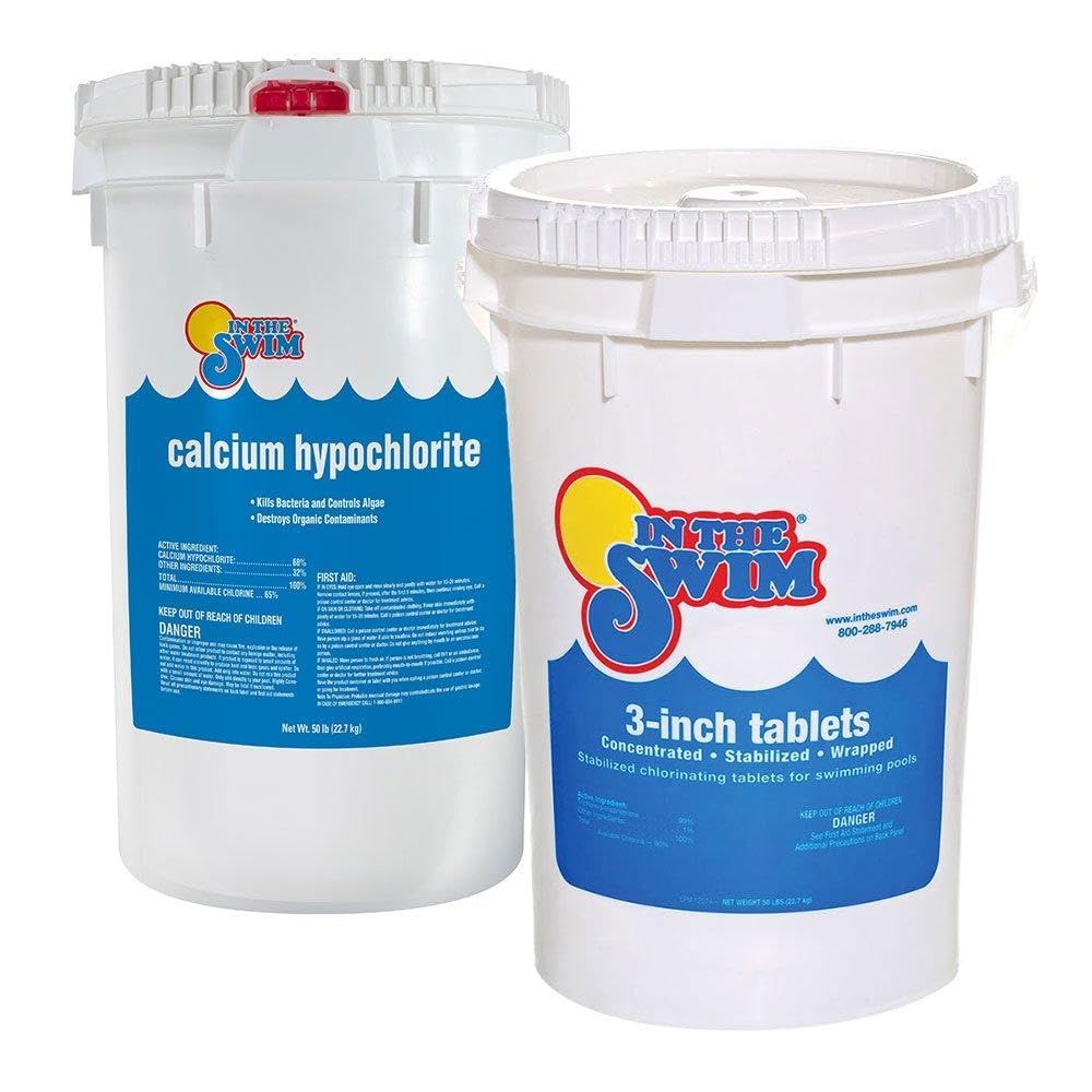 In The Swim Shock and Chlorine Bundle for Sanitizing Swimming Pools – Includes 50 Pound Bucket of 68% Cal-Hypo Pool Shock and 50 Pound Bucket of 3 Inch Stabilized Chlorine Tablets
