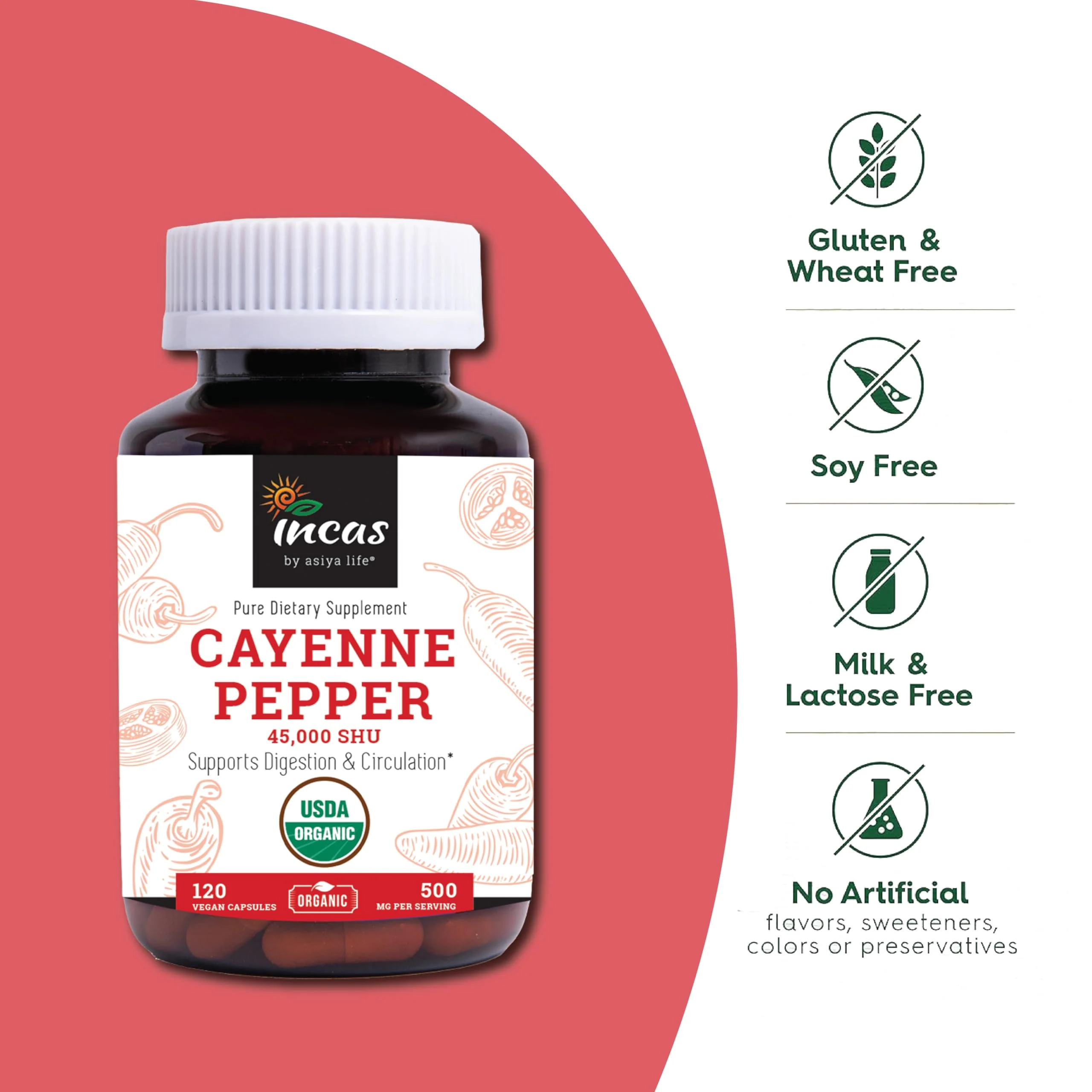 INCAS 100% USDA Organic Cayenne Pepper 120 Capsules (500mg) 45,000 SHU Traditional Digestion & Circulation Support Pure, No Additives & Fillers | 120 Servings - Image 5