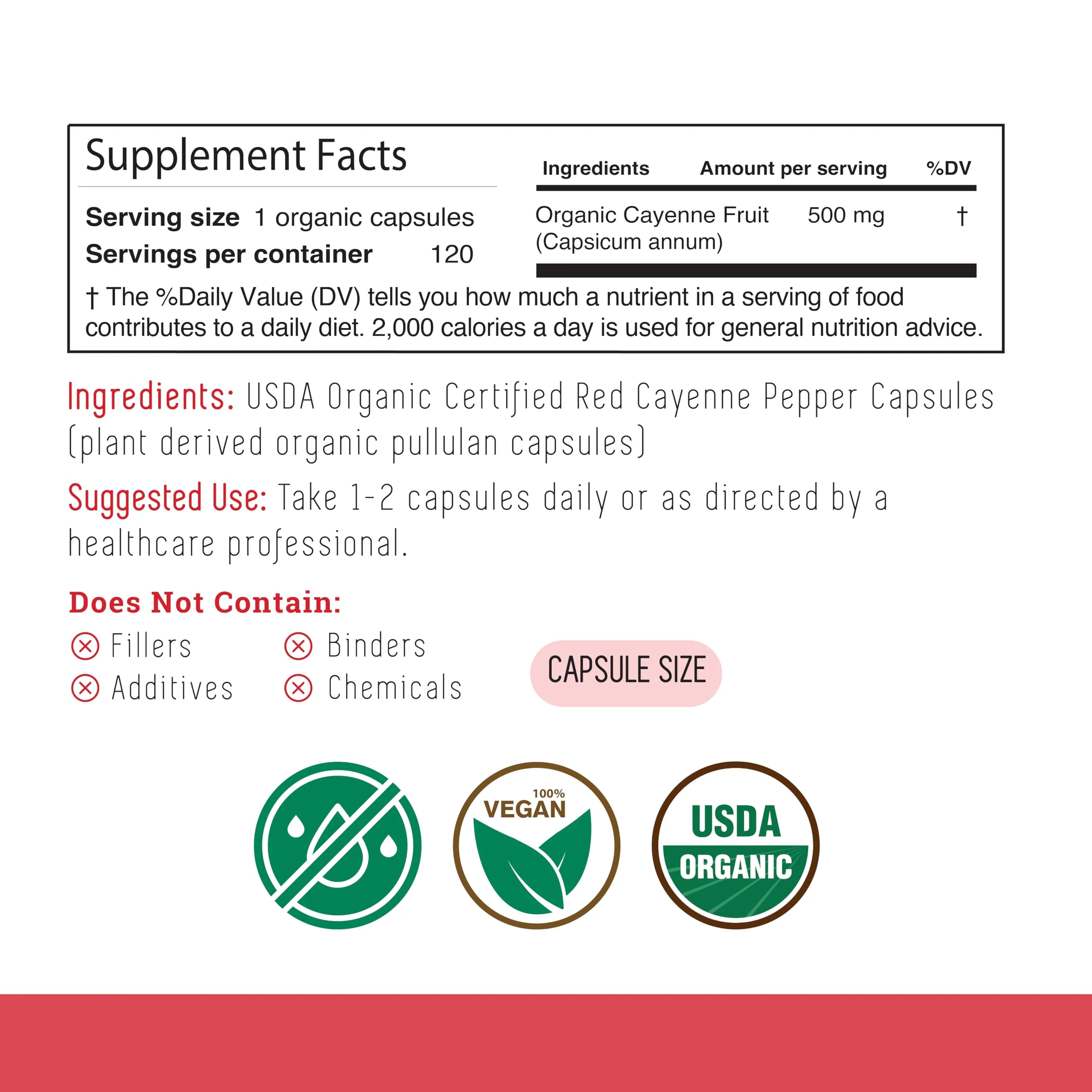 INCAS 100% USDA Organic Cayenne Pepper 120 Capsules (500mg) 45,000 SHU Traditional Digestion & Circulation Support Pure, No Additives & Fillers | 120 Servings - Image 6