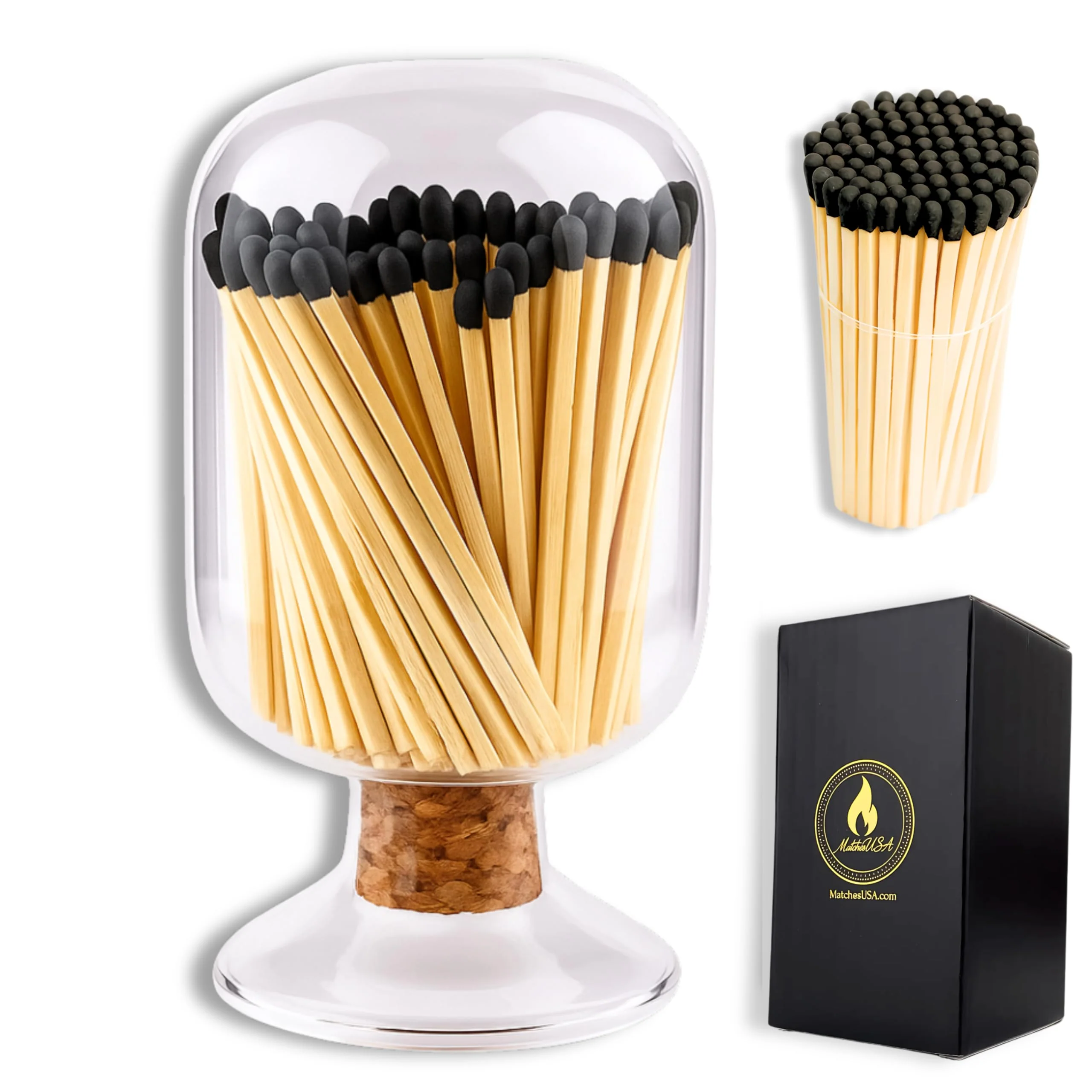 Includes Matches | Decorative Glass Matches Cloche | Bottle Jar Fireplace Candle Match Holder Gift Set