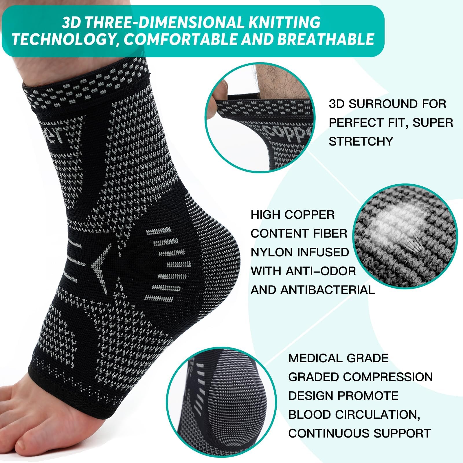 INDEEMAX Ankle Brace Compression Sleeve for Women & Men, Ankle Support Copper Infused Ankle Brace for Sprained Ankle, Plantar Fasciitis Sports, Achilles Tendonitis Pain Relief, Sliver Black, S - Image 3