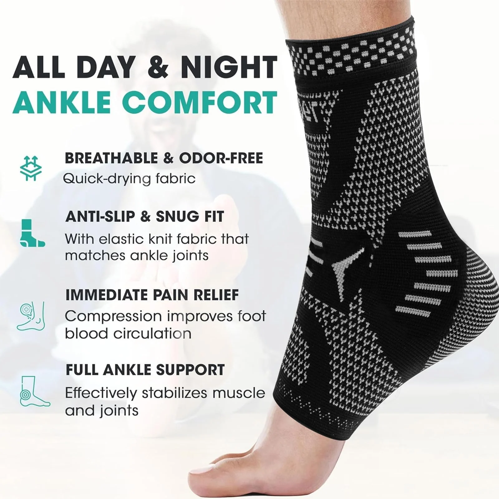 INDEEMAX Ankle Brace Compression Sleeve for Women & Men, Ankle Support Copper Infused Ankle Brace for Sprained Ankle, Plantar Fasciitis Sports, Achilles Tendonitis Pain Relief, Sliver Black, S - Image 4