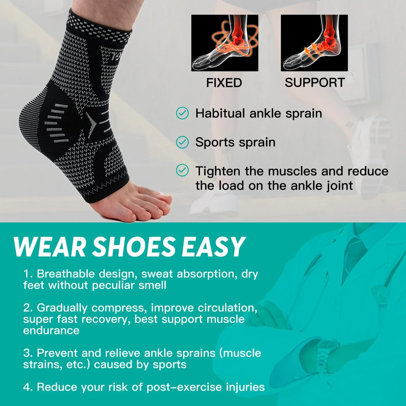 INDEEMAX Ankle Brace Compression Sleeve for Women & Men, Ankle Support Copper Infused Ankle Brace for Sprained Ankle, Plantar Fasciitis Sports, Achilles Tendonitis Pain Relief, Sliver Black, S - Image 7