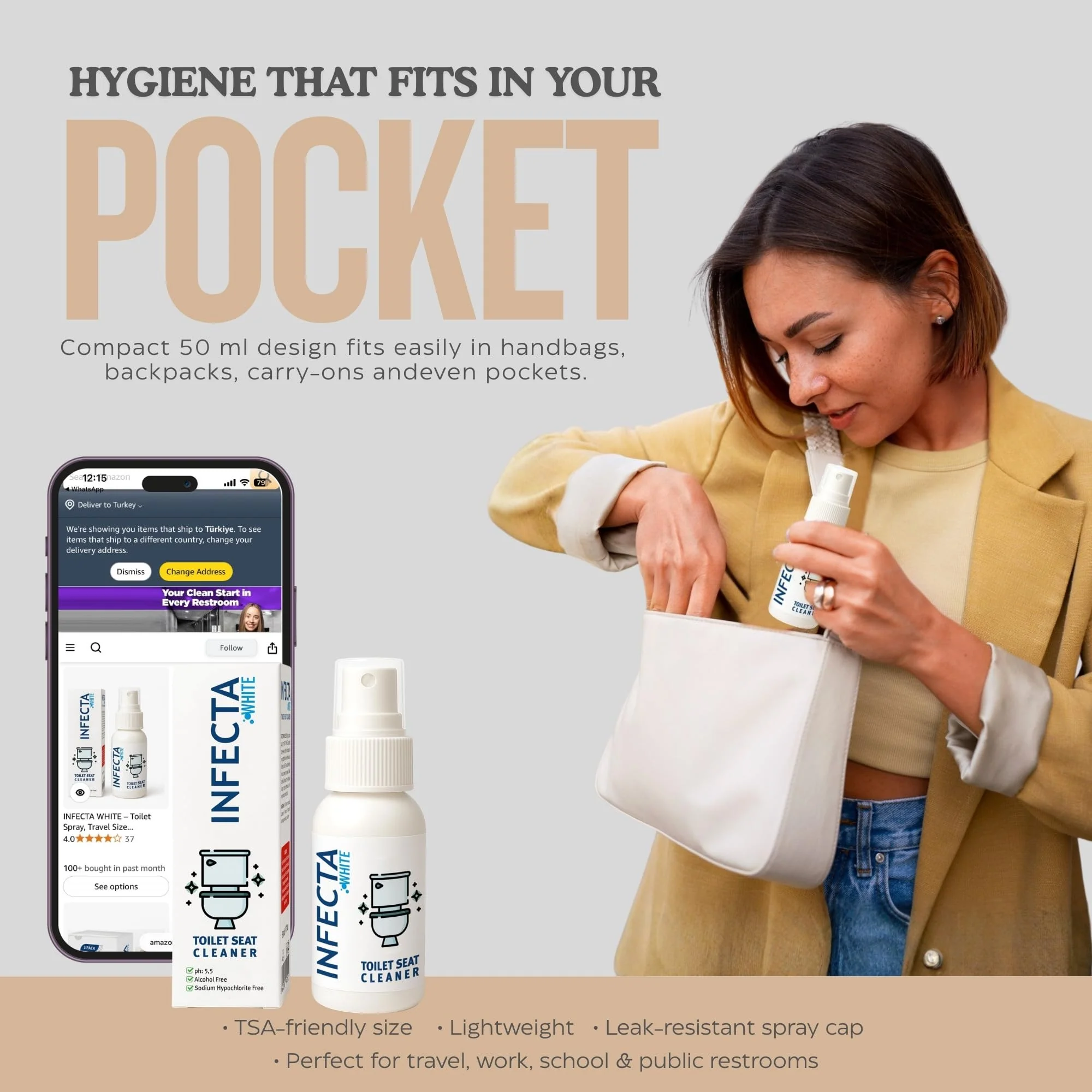INFECTA WHITE – Toilet Spray, Travel Size Multipurpose Cleaning Spray (50 ml), All Purpose Cleaner for Toilet Seats, Bathtub, Fresh Scent, Bathroom Essentials & Mini Travel Toiletries (Pack of 2) - Image 10