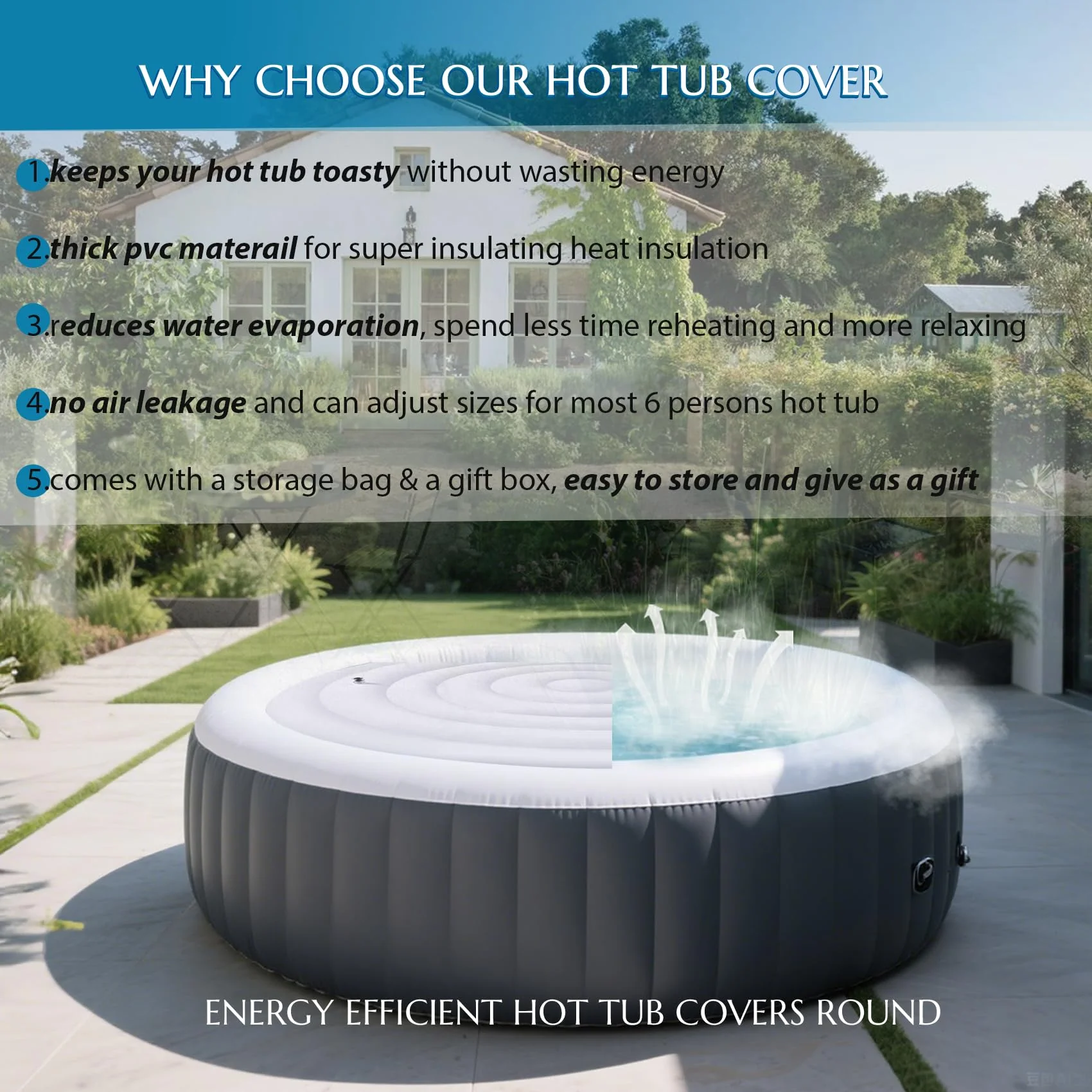 Inflatable Hot Tub Cover Round, Fits Saluspa Coleman Intex Cover, Thermal Insulated & Energy-Saving Weatherproof Protector, Unique Design Flexible Adjust Pool Cover Size Replacement-Life Time Support - Image 8