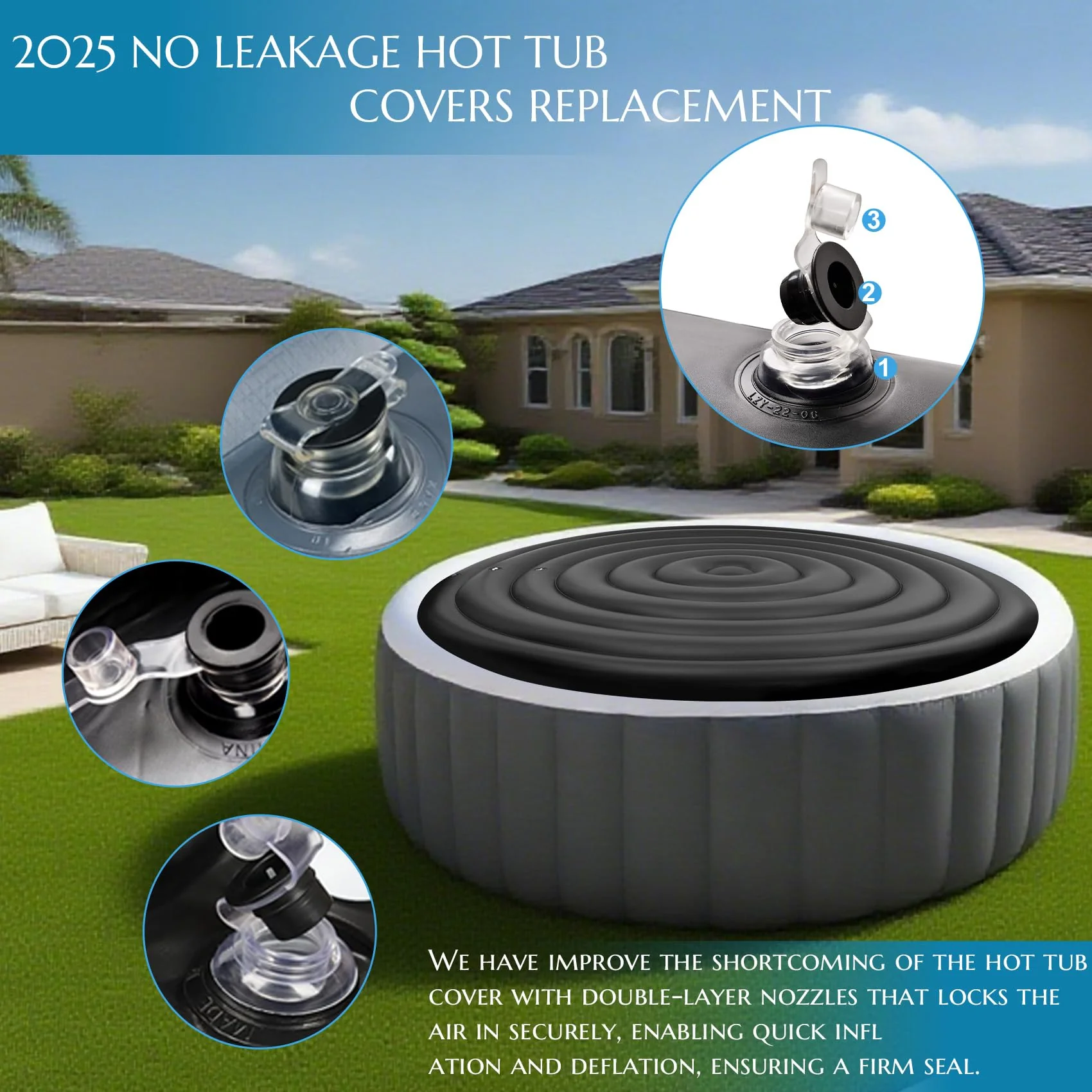 Inflatable Hot Tub Cover Round Replacement, Fit Saluspa Coleman Intex Spa Cover, Insulated Energy-Saving Weatherproof Lid, Unique Design Flexible Adjust Pool Cover Size-Life Time Support - Image 9