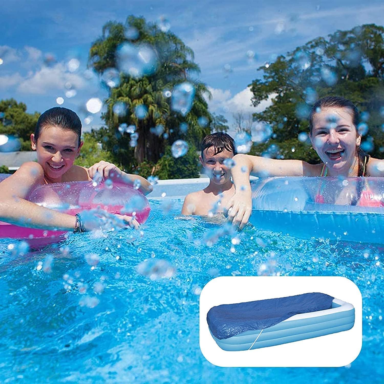 Inflatable Pool Cover for 120in x 72in Rectangle Swimming Pool, Rectangular Pool Covers, Built-in Elastic Dustproof Rainproof Foldable Above Ground Pool Cover (Blue, 120in x 72in) - Image 2