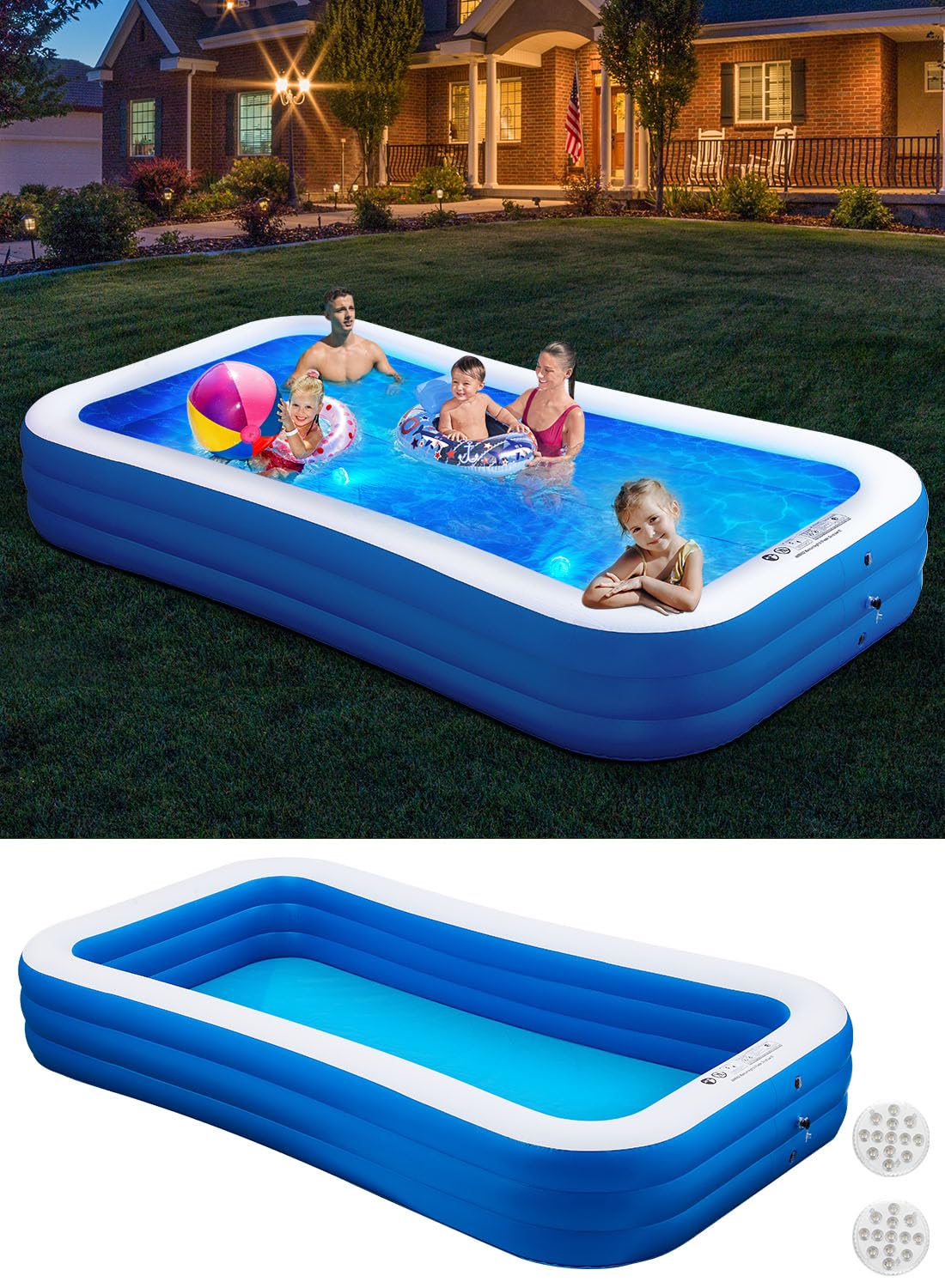 Inflatable Swimming Pool with Pool Lights, 130" x 72" x 22" Full-Sized Large Inflatable Family Pool, Summer Water Party, Outdoor, Garden Backyard, Suitable for Adults - Image 2