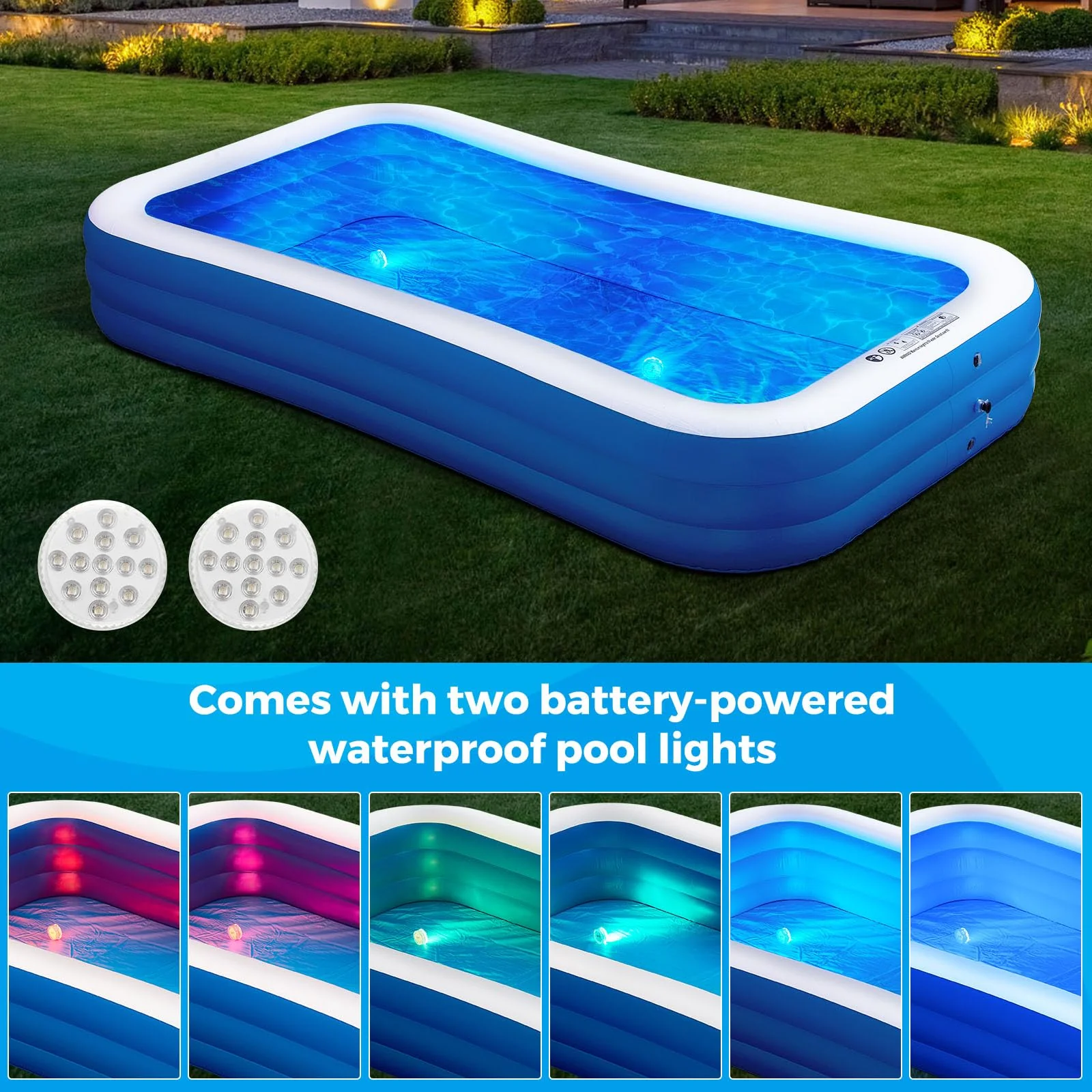 Inflatable Swimming Pool with Pool Lights, 130" x 72" x 22" Full-Sized Large Inflatable Family Pool, Summer Water Party, Outdoor, Garden Backyard, Suitable for Adults - Image 7