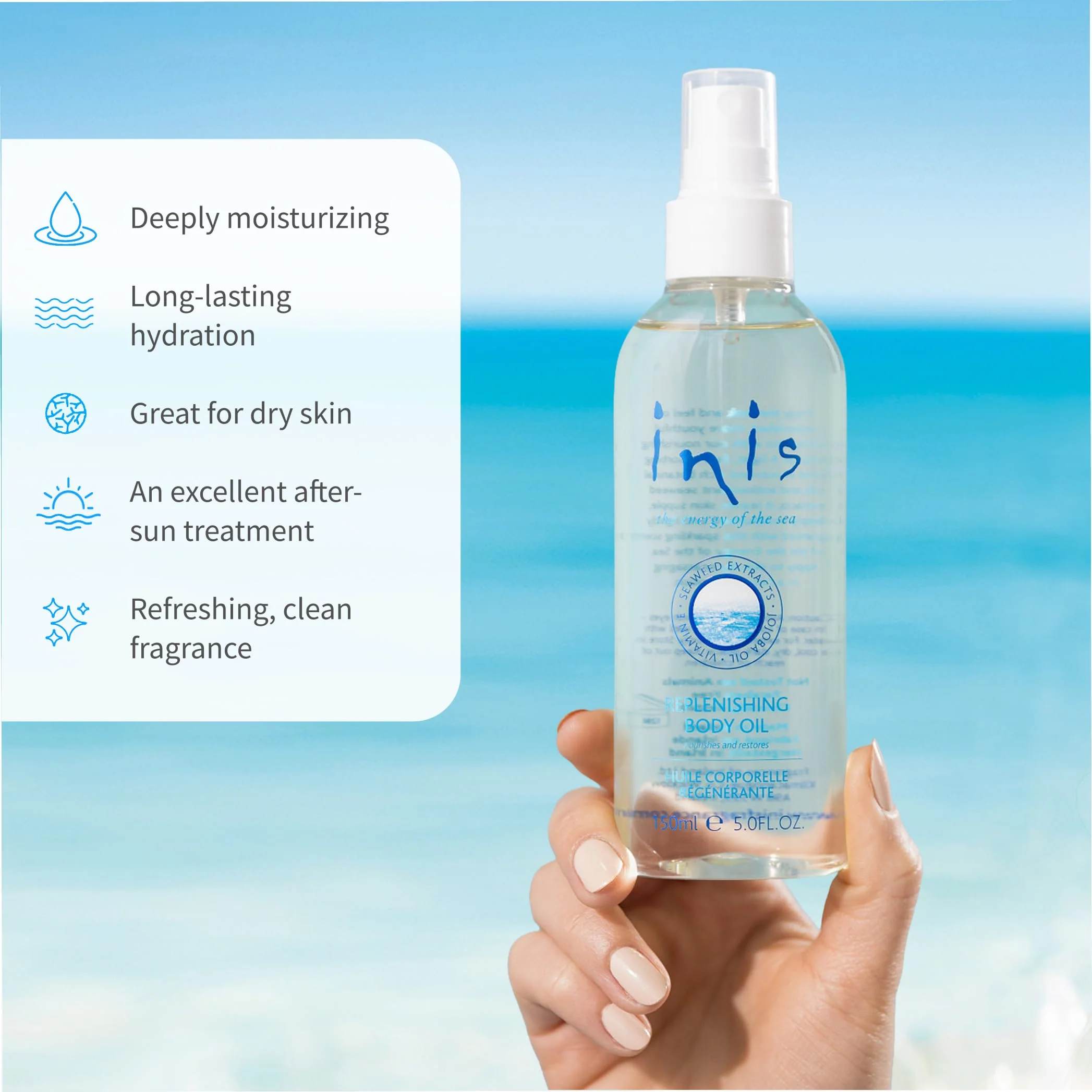 Inis the Energy of the Sea Replenishing Body Oil - Fast Absorbing Moisturizing Spray - Made with Hydrating Jojoba Oil for Dry Skin - Enriched with Seaweed Extracts & Vitamin E – 5 Fl Oz - Image 4