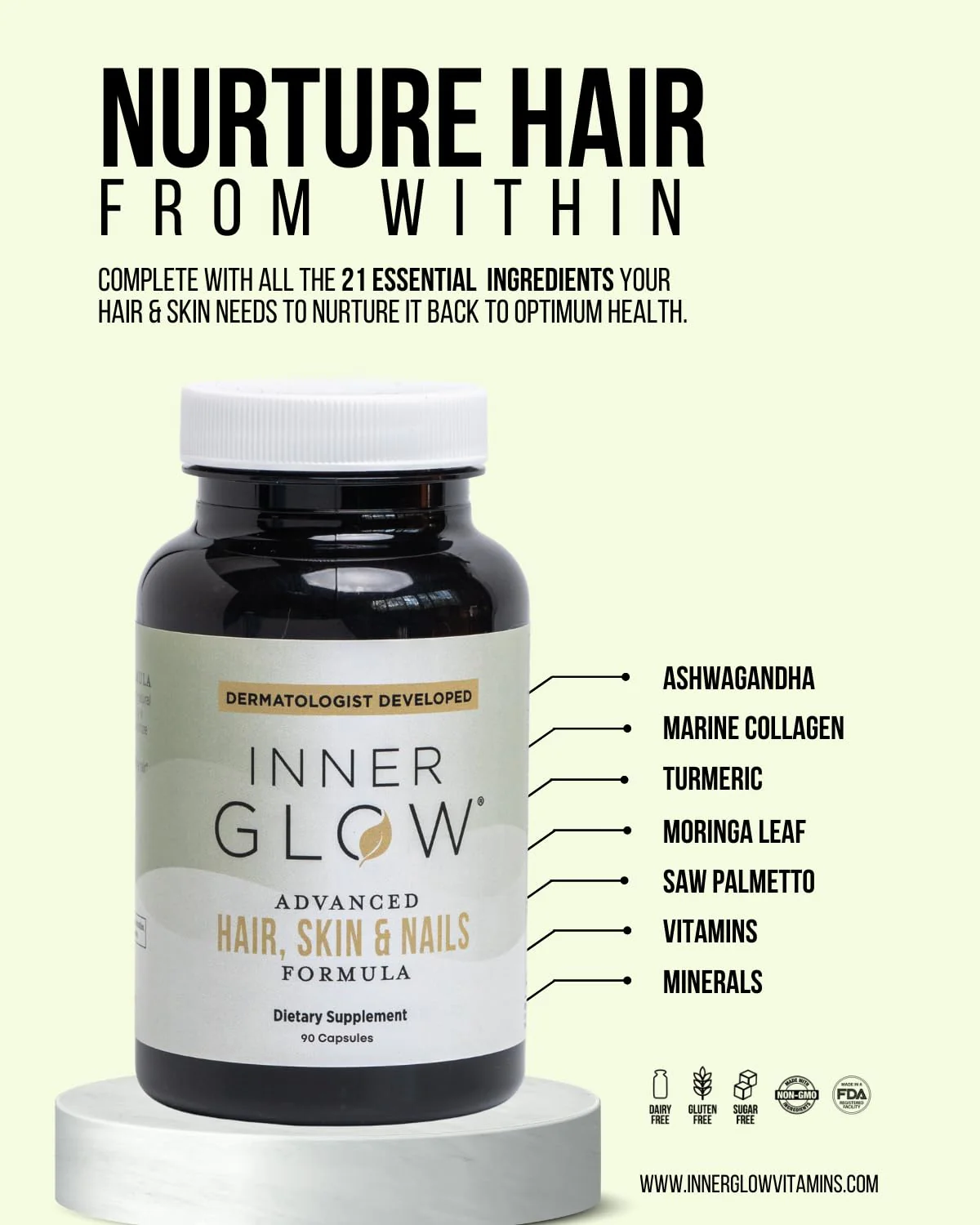Inner Glow Advanced Hair, Skin & Nails Vitamins – Doctor-Developed Hair Supplement with Biotin, Collagen Peptides, Vitamin D & B12 – Clinically Tested 12-Week Results, Made in USA, Non-GMO - Image 5