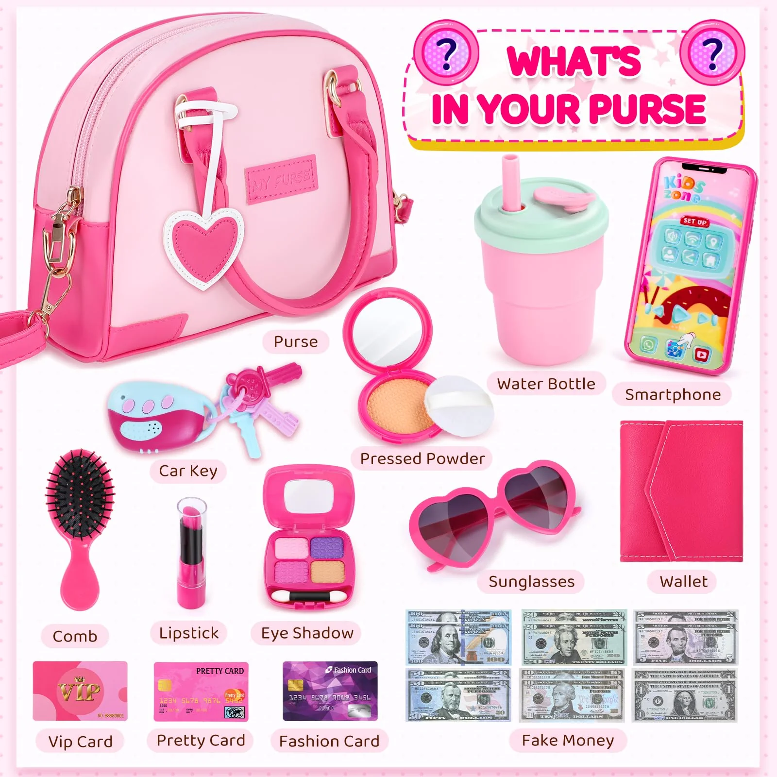 INNOCHEER Little Girls Purse, Kids Toy Purse with Pretend Makeup, Play Purse for Little Girls, Pretend Play Toddler Purse, Birthday Christmas Princess Gifts Toys for Girls 3 4 5 6 7 8 Year Old - Image 4