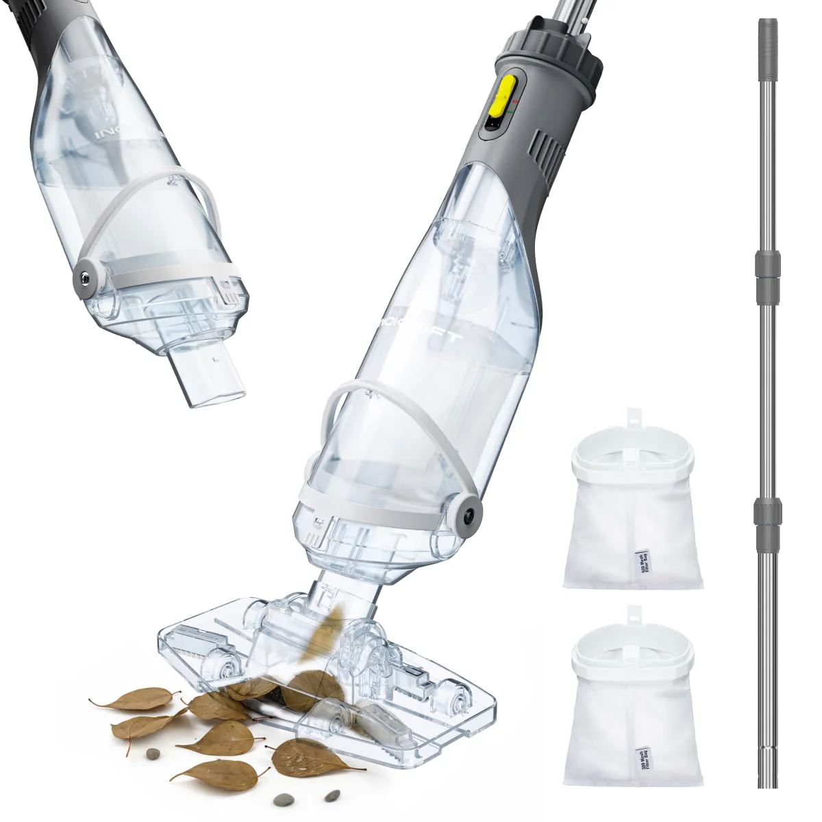 InoKraft Pool Vacuum for Above Ground Pool, Cordless Pool Vacuum for Inground Pools, Rechargeable Pool Cleaner with Powerful Suction, Above Ground Pool Vacuum with 59” Extendable Pole, Gray
