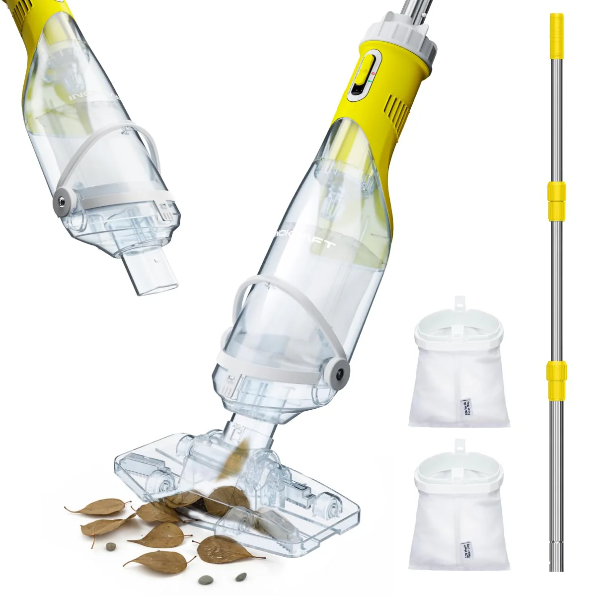 InoKraft Pool Vacuum for Above Ground Pool, Cordless Pool Vacuum for Inground Pools, Rechargeable Pool Cleaner with Powerful Suction, Above Ground Pool Vacuum with 59” Extendable Pole, Yellow
