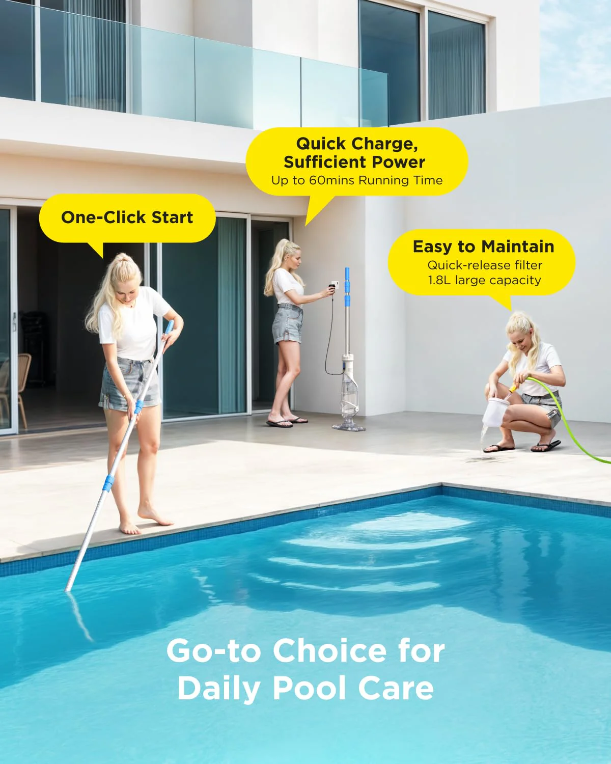 InoKraft Pool Vacuum for Above Ground Pool, Cordless Pool Vacuum for Inground Pools, Rechargeable Pool Cleaner with Powerful Suction, Above Ground Pool Vacuum with 59” Extendable Pole, Yellow - Image 3