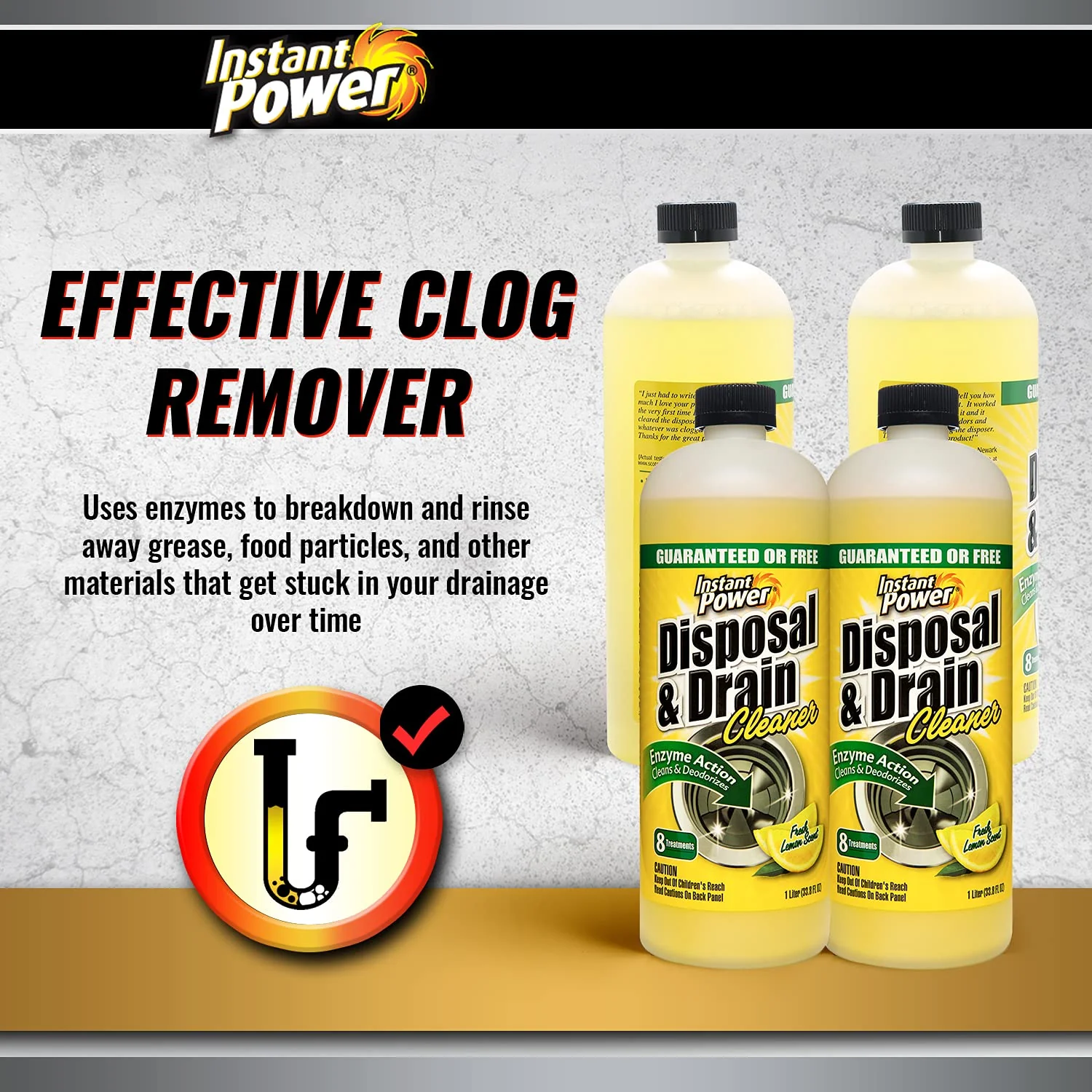 Instant Power Disposal and Drain Cleaner – Liquid Enzyme Clog Remover, Cleans and Deodorizes, Removes Drain Blockages, Fresh Lemon Scent 33.8 Fl oz, 1 Liter 4 Pack - Image 7