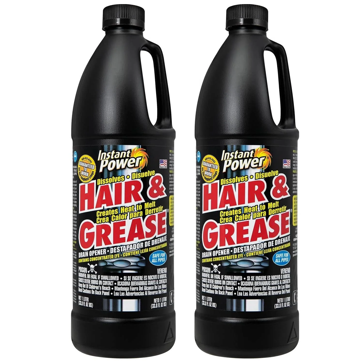 Instant Power Hair and Grease Drain Cleaner - Shower Drain & Sink Cleaner, Liquid Clog Remover, Made in USA, Sink Deodorizer - 1 Liter (Pack of 2)