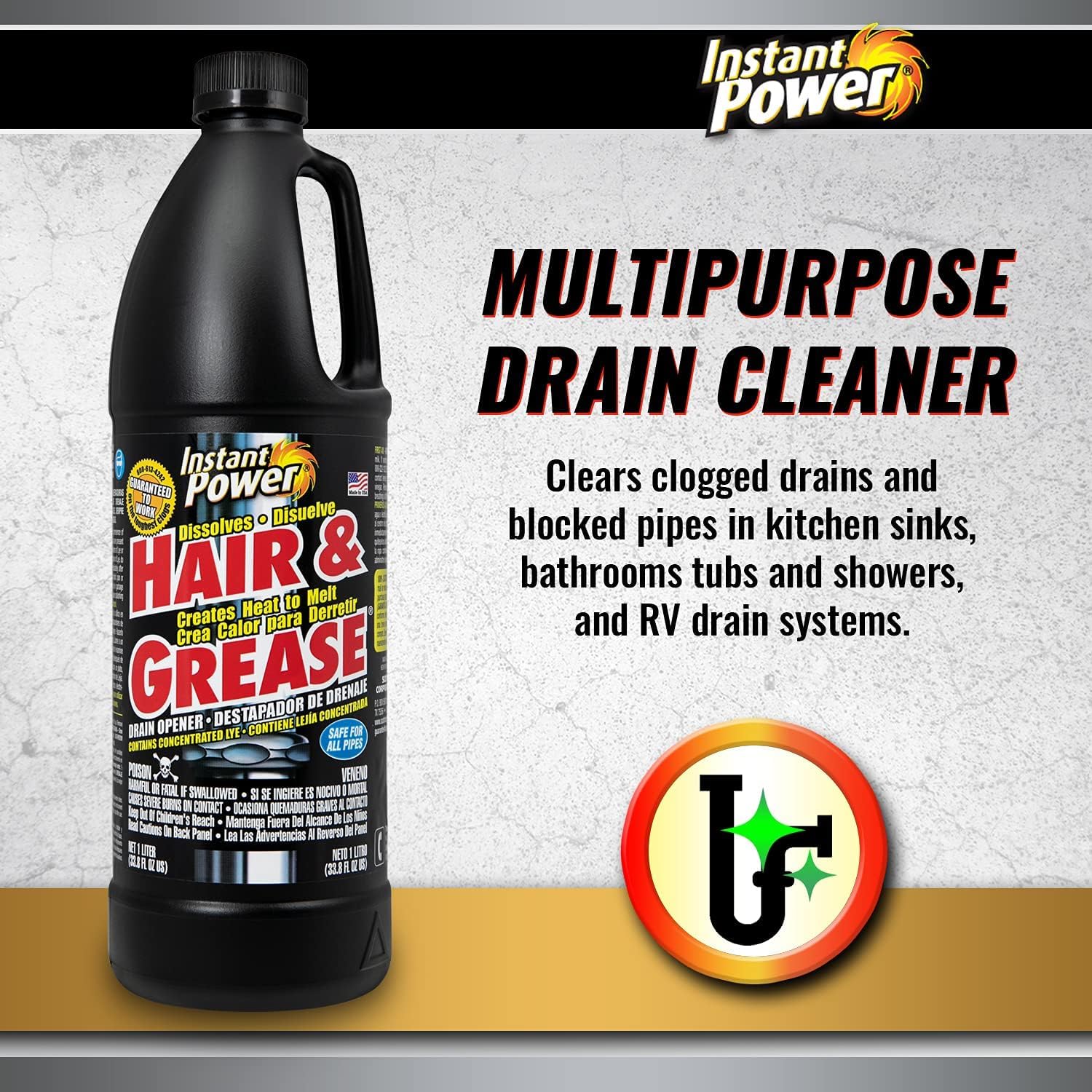 Instant Power Hair and Grease Drain Cleaner - Shower Drain & Sink Cleaner, Liquid Clog Remover, Made in USA, Sink Deodorizer - 1 Liter (Pack of 2) - Image 6