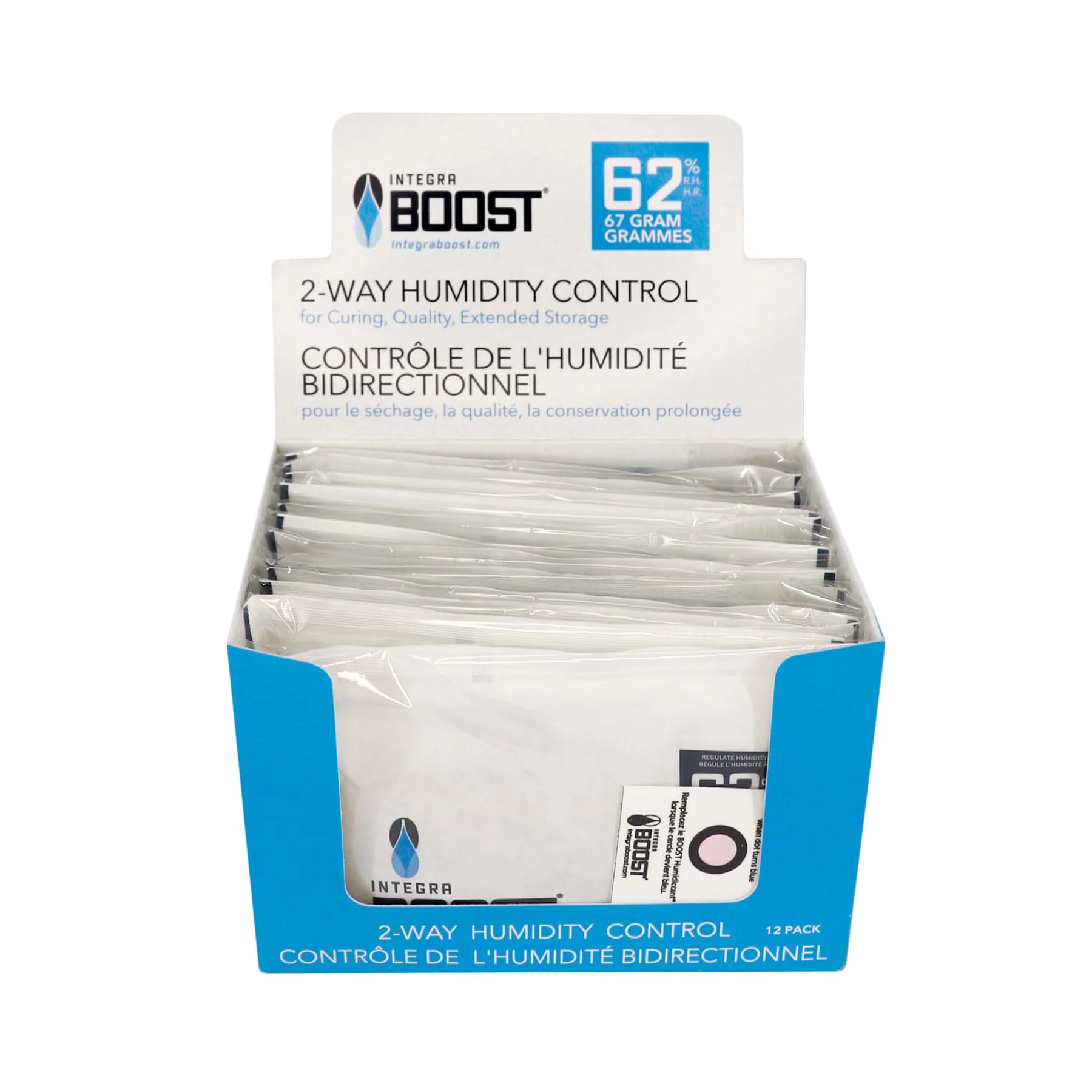 Integra Boost - 62% RH Level - 67 Gram Size - Two-Way Humidity Control Pack - Incl. Replacement Indicator Cards - Food Storage & Herbs Moisture Balancer For Up to 1 LB (Pack of 12)