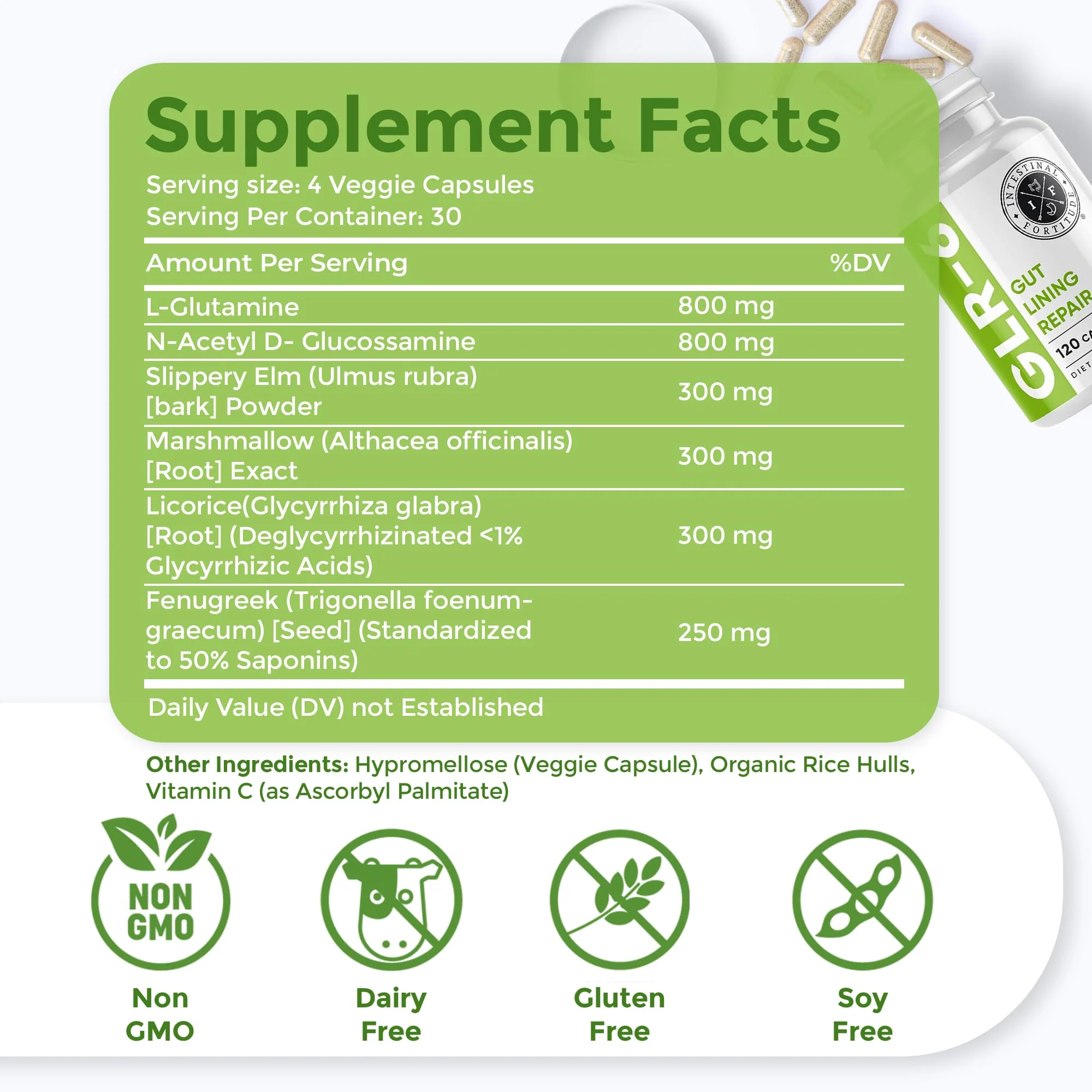 Intestinal Fortitude GLR-6 - Gut Lining Repair Supplement for Gut Health - Leaky Gut Repair with L-Glutamine, Slippery Elm, DGL Licorice Root, Marshmallow Root, Fenugreek - IBS, IBD, GERD - Vegan - Image 7