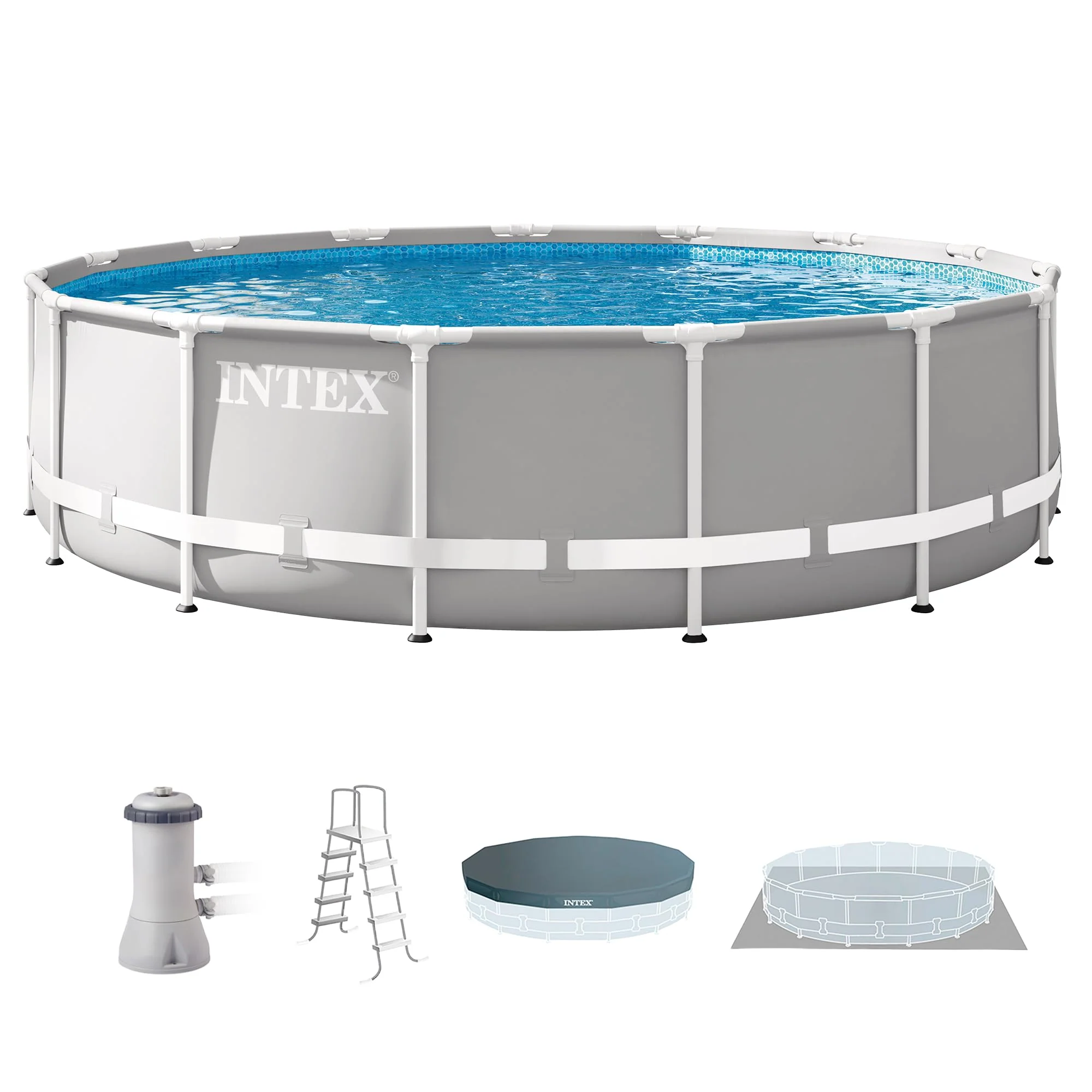 Intex 26723EH Prism Frame Premium Above Ground Swimming Pool Set: 15ft x 42in – Includes 1000 GPH Cartridge Filter Pump – Removable Ladder – Pool Cover – Ground Cloth