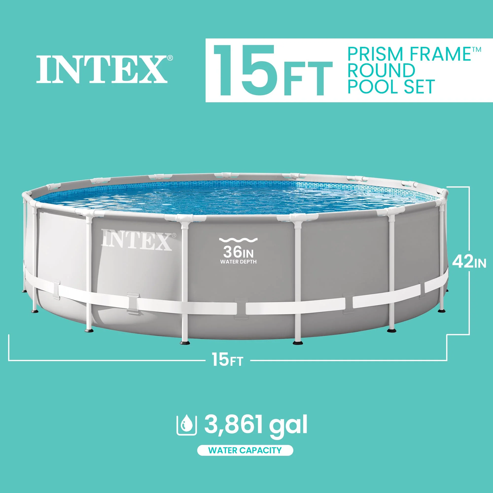 Intex 26723EH Prism Frame Premium Above Ground Swimming Pool Set: 15ft x 42in – Includes 1000 GPH Cartridge Filter Pump – Removable Ladder – Pool Cover – Ground Cloth - Image 7