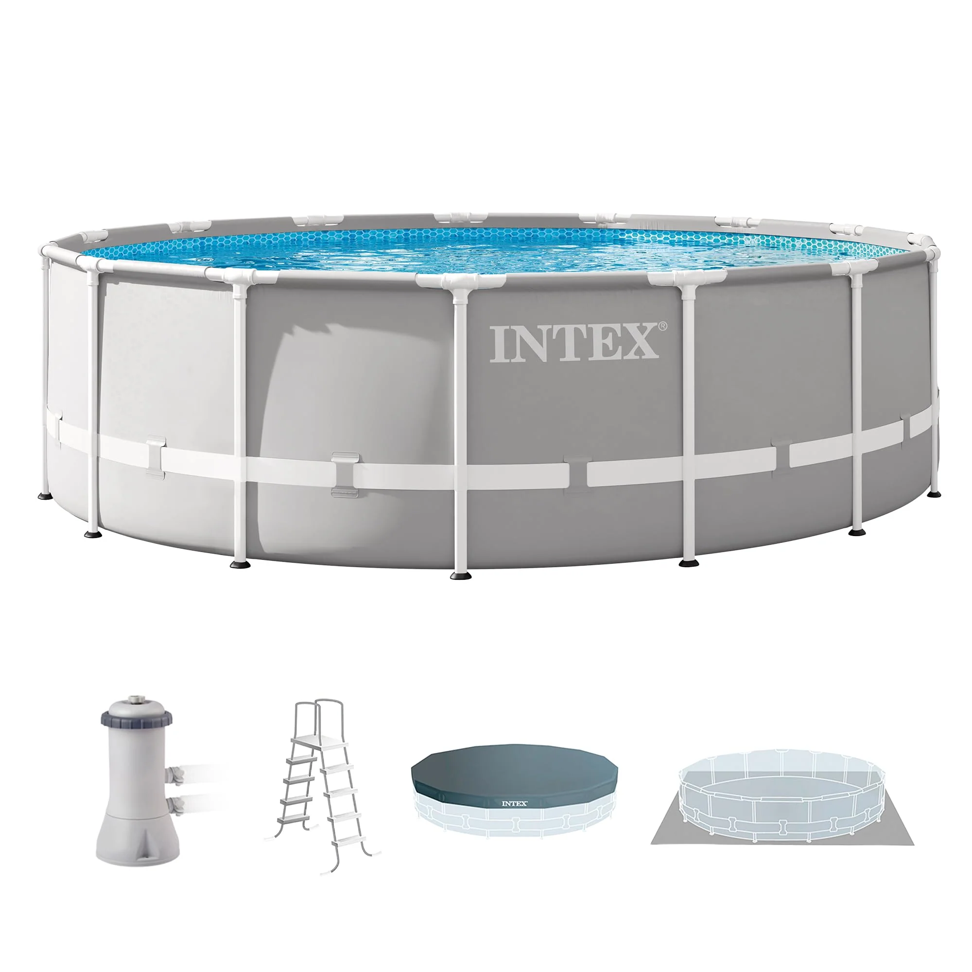 INTEX 26725EH Prism Frame Premium Above Ground Swimming Pool Set: 15ft x 48in – Includes 1000 GPH Cartridge Filter Pump – Removable Ladder – Pool Cover – Ground Cloth