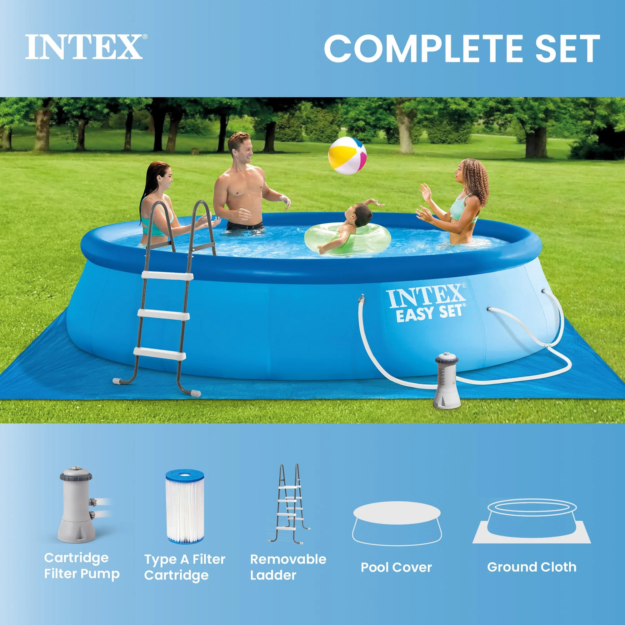 Intex Easy Set 15 ft x 42in Above Ground Pool Set, Round Inflatable Swimming Pool with 1000 GPH Cartridge Filter Pump, Ladder, Cover, & Ground Cloth - Image 9