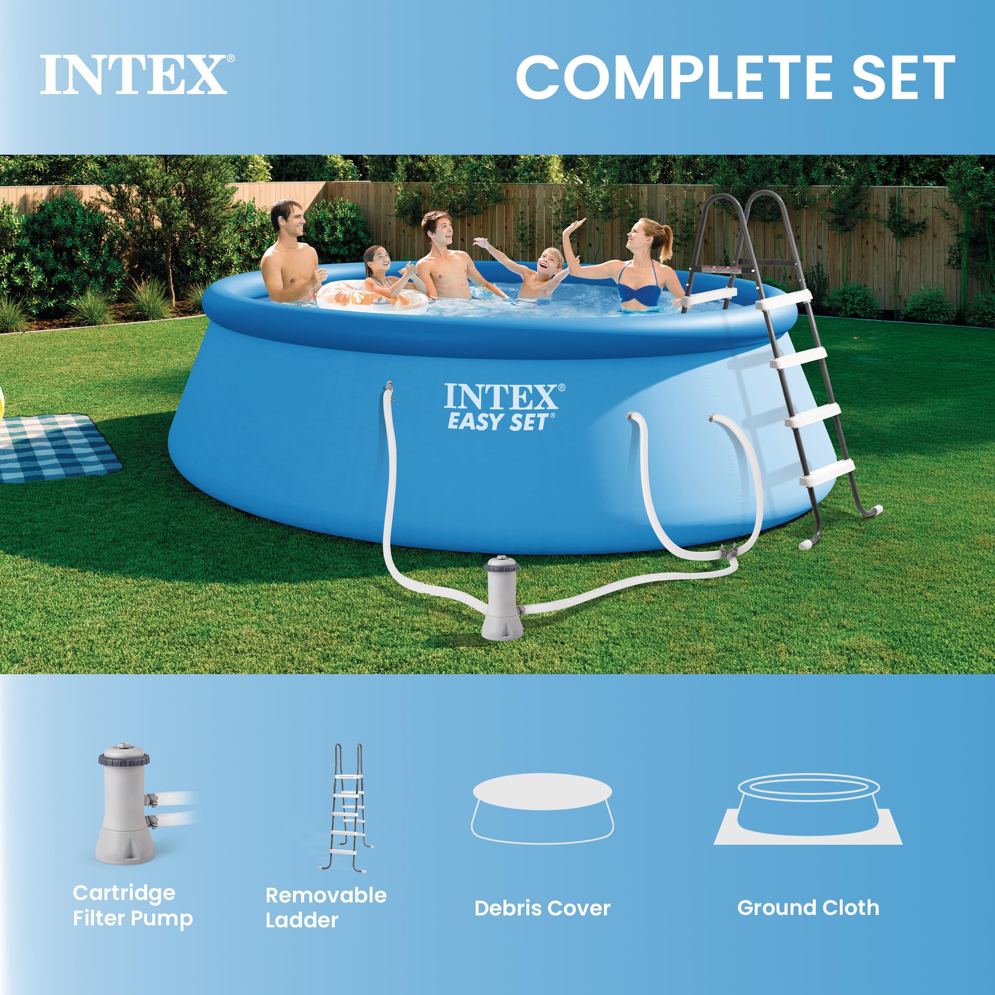 Intex Easy Set 15 ft x 48in Above Ground Pool Set, Round Inflatable Swimming Pool with 1000 GPH Cartridge Filter Pump, Ladder, Cover, & Ground Cloth - Image 5