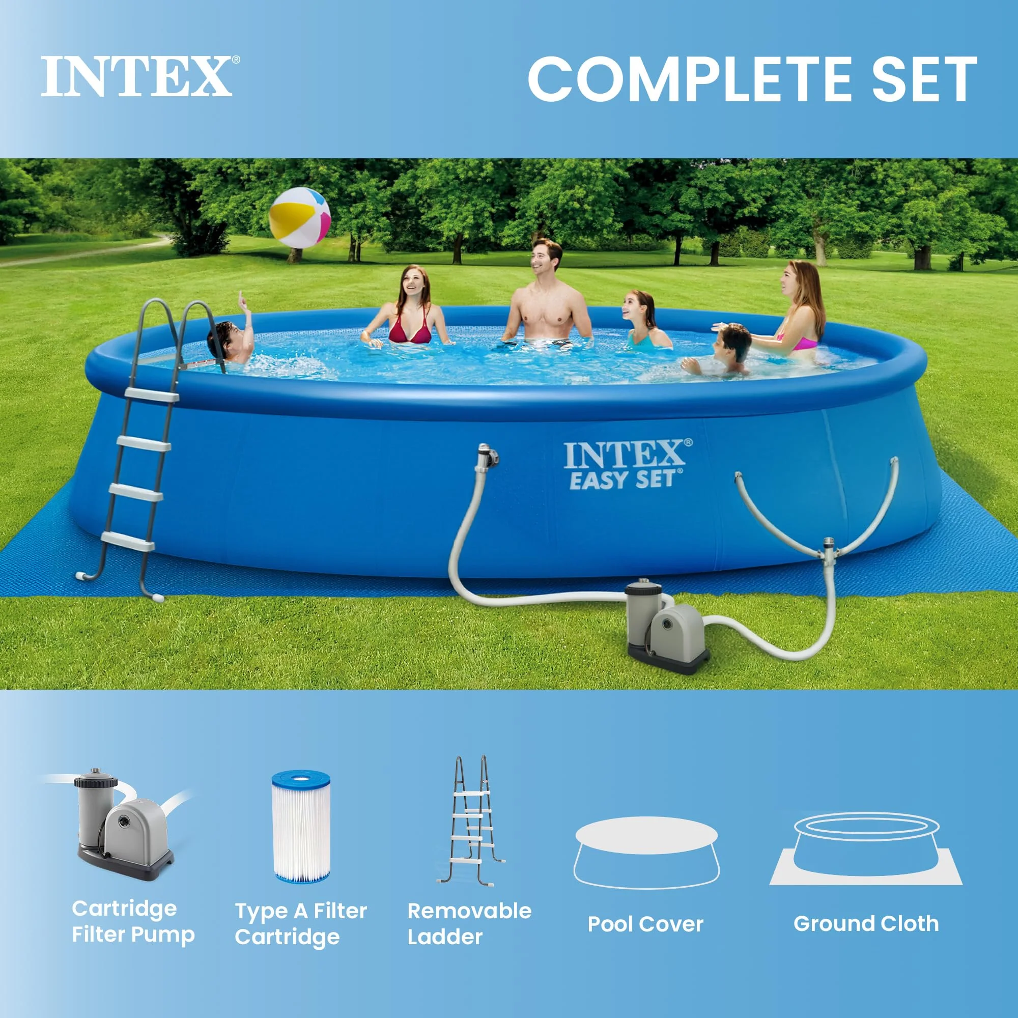 INTEX Easy Set 18 ft x 48in Above Ground Pool Set, Round Inflatable Swimming Pool with 1500 GPH Cartridge Filter Pump, Ladder, Cover, & Ground Cloth - Image 6