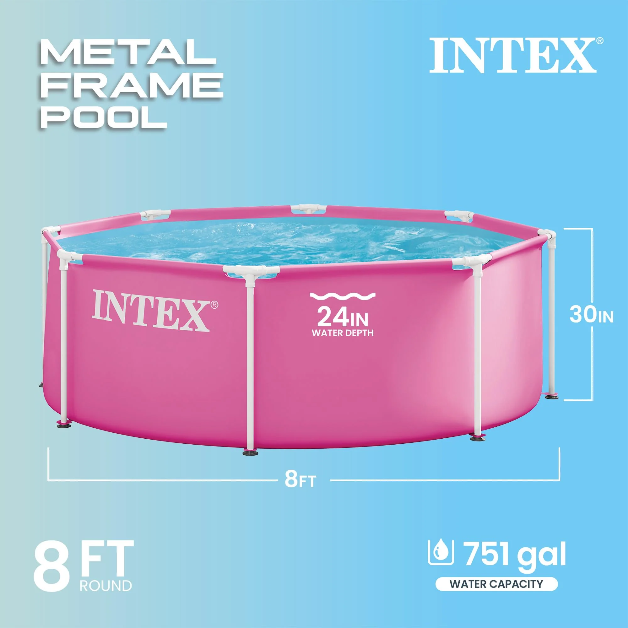 INTEX Metal Frame 8 ft x 30 in Above Ground Pool Set, Round Swimming Pool with Steel Frame - Image 7