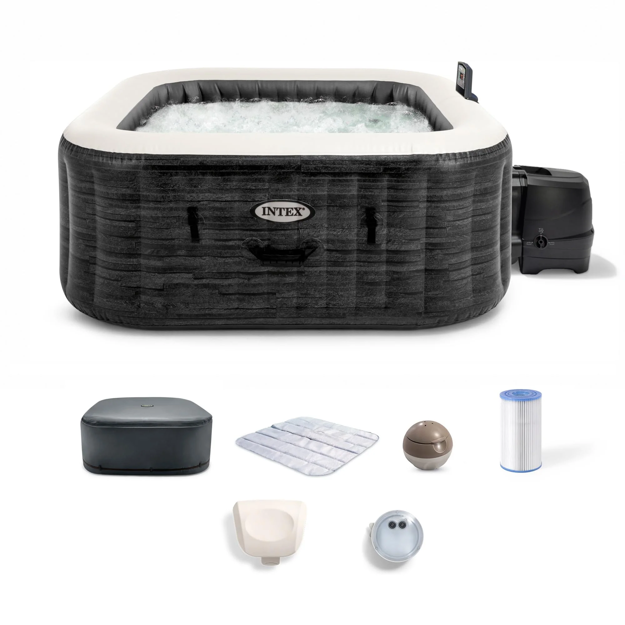 Intex PureSpa Greystone Deluxe 4 Person Square Inflatable Hot Tub, Bubble Massage Spa Set, Energy Efficient & Saltwater Compatible (Cell Not Included), 69 in x 28 in