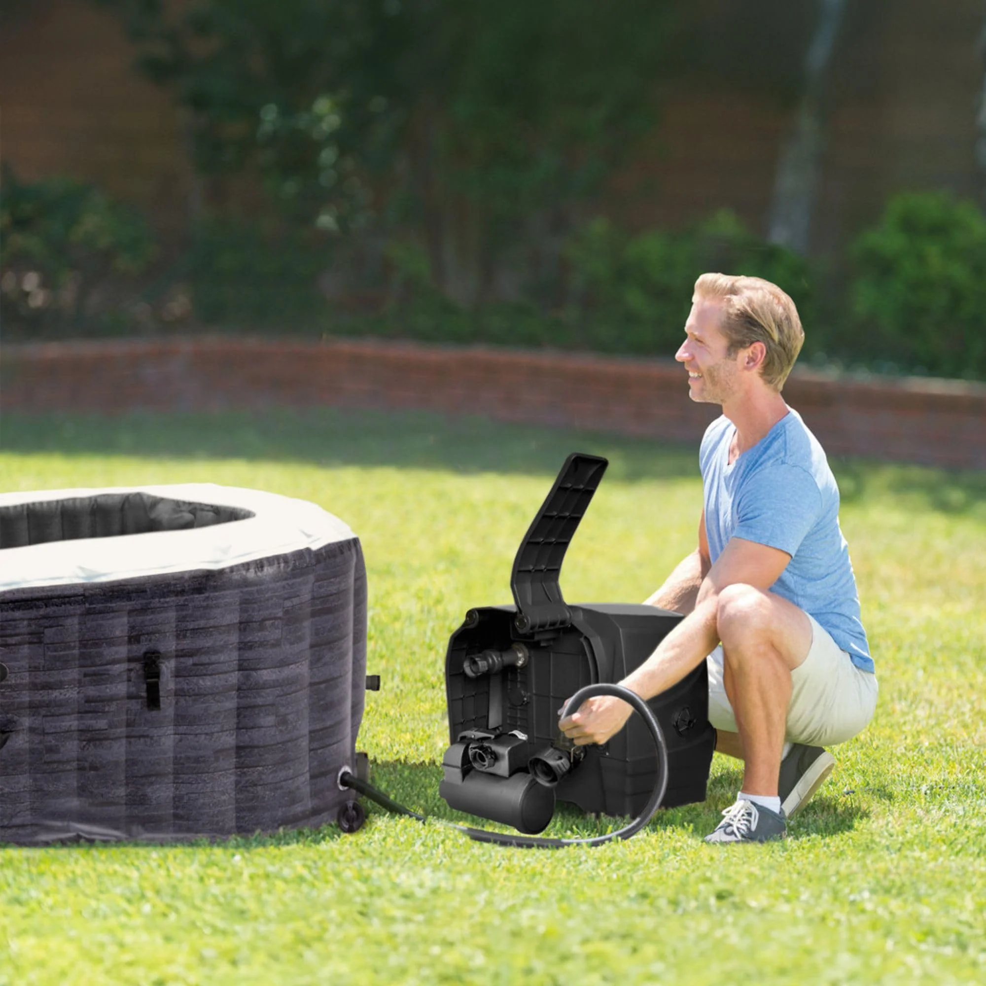 Intex PureSpa Greystone Deluxe 4 Person Square Inflatable Hot Tub, Bubble Massage Spa Set, Energy Efficient & Saltwater Compatible (Cell Not Included), 69 in x 28 in - Image 2