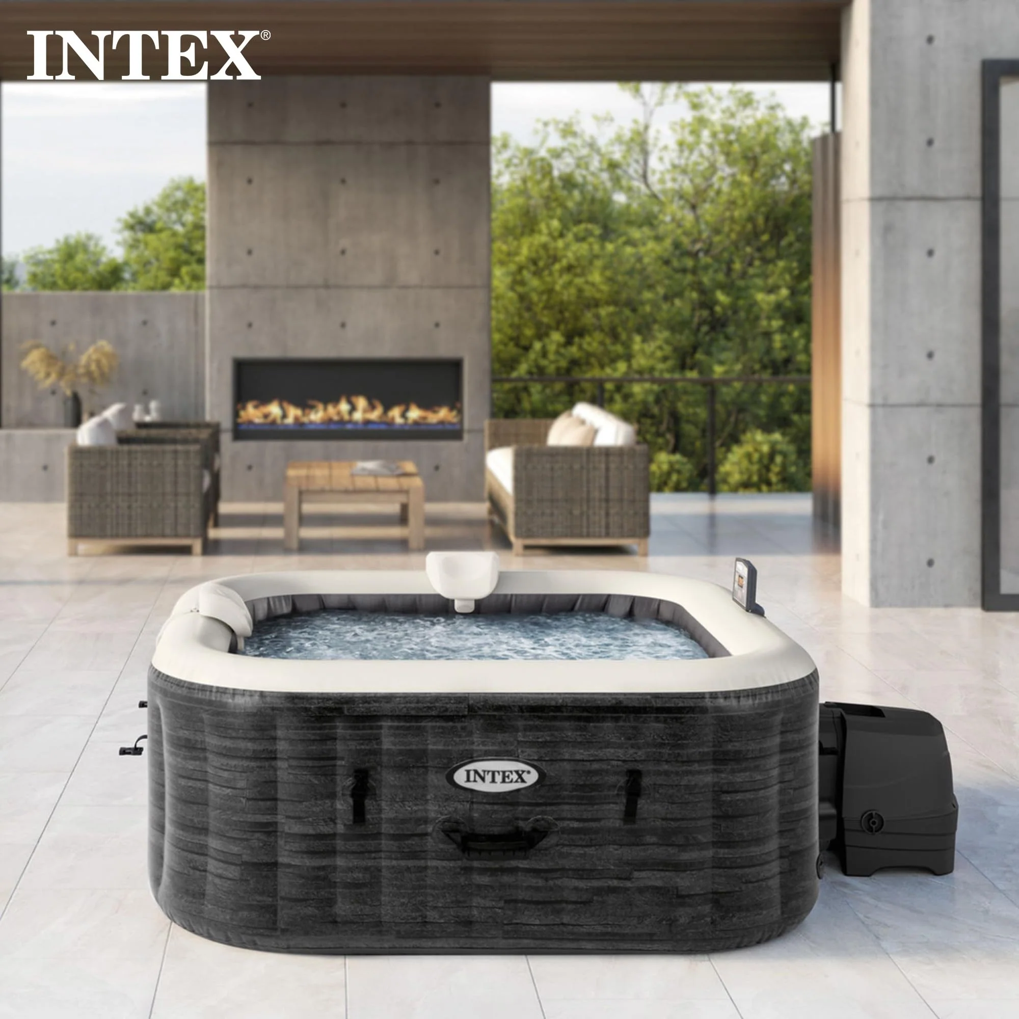 Intex PureSpa Greystone Deluxe 4 Person Square Inflatable Hot Tub, Bubble Massage Spa Set, Energy Efficient & Saltwater Compatible (Cell Not Included), 69 in x 28 in - Image 4