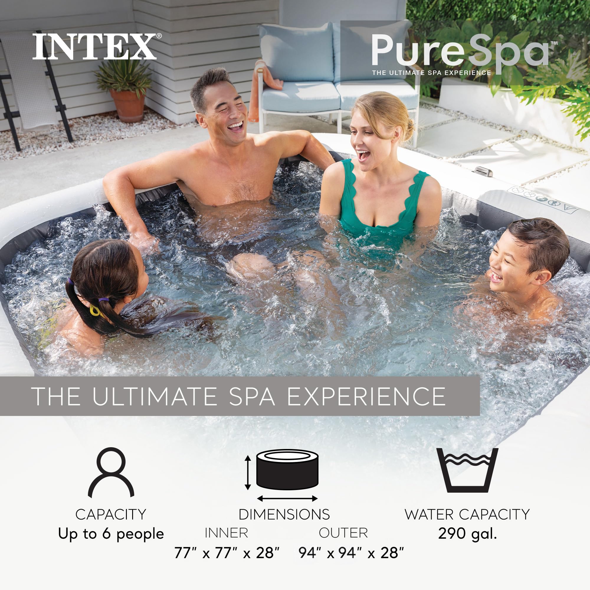 INTEX PureSpa Greystone Deluxe 6 Person Square Inflatable Hot Tub, Bubble Massage Spa Set with Energy Efficient Cover, 2 Headrests, & LED Light, 77 in x 28 in - Image 8