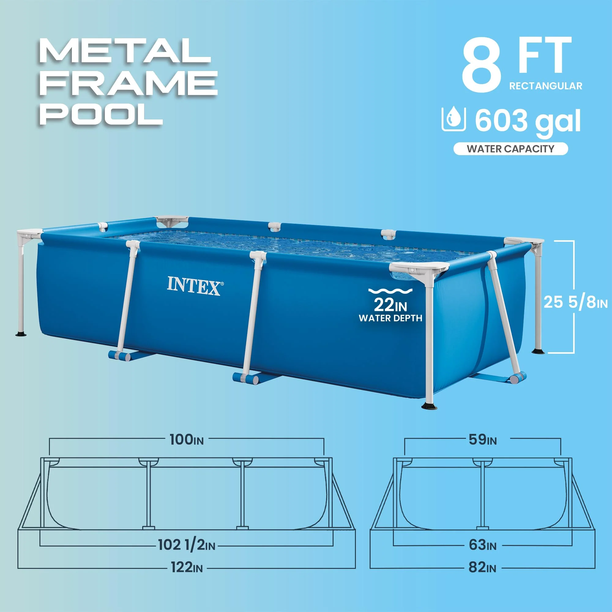 INTEX Rectangular Frame 8 ft 6 in x 5 ft 3 in x 25 in Above Ground Pool, Swimming Pool with Steel Frame, Pump Not Included - Image 7