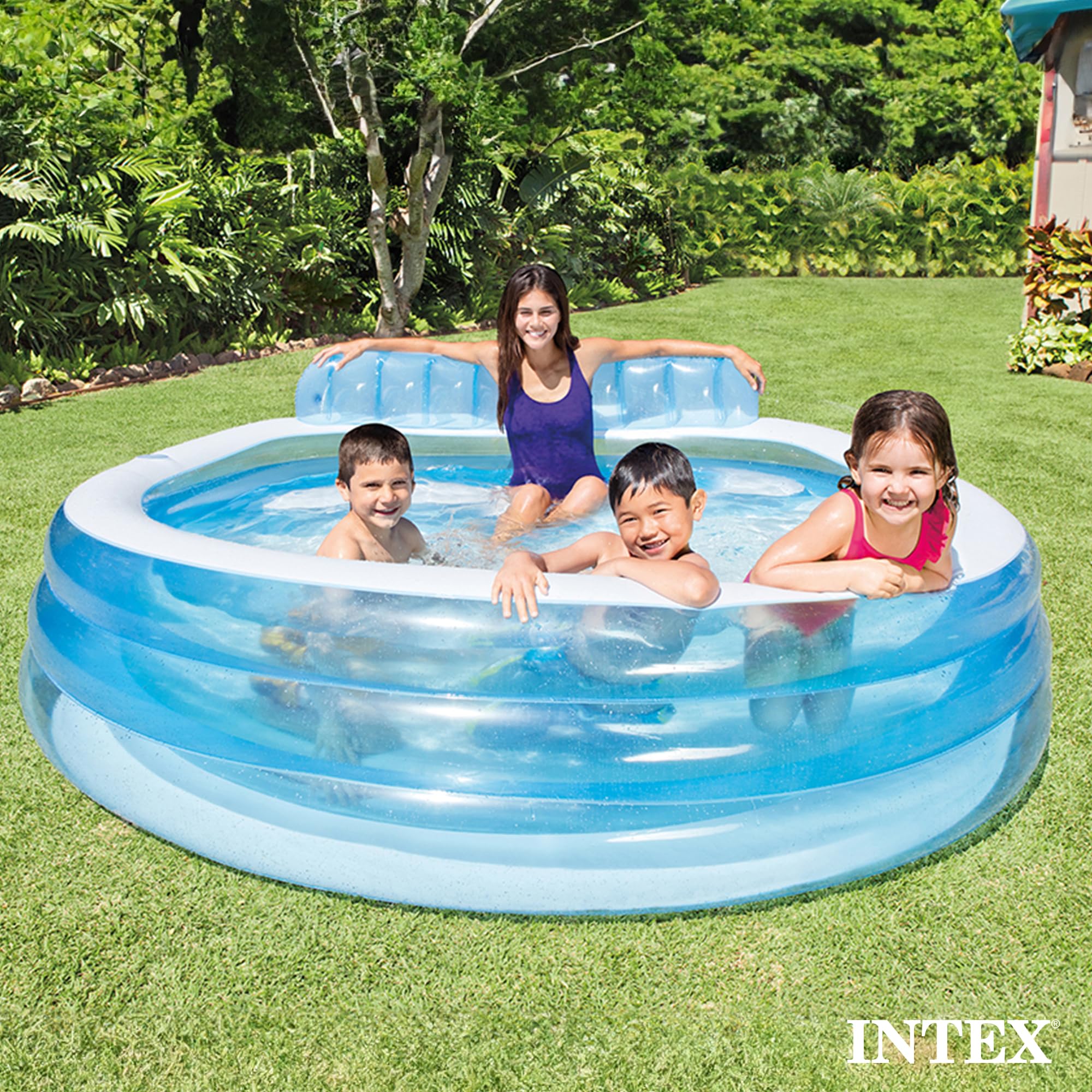 INTEX Swim Center Inflatable Family Lounge Pool: Built-In Bench – Cup Holder – 156 Gallon Capacity – 90" x 86" x 31" – Blue - Image 3