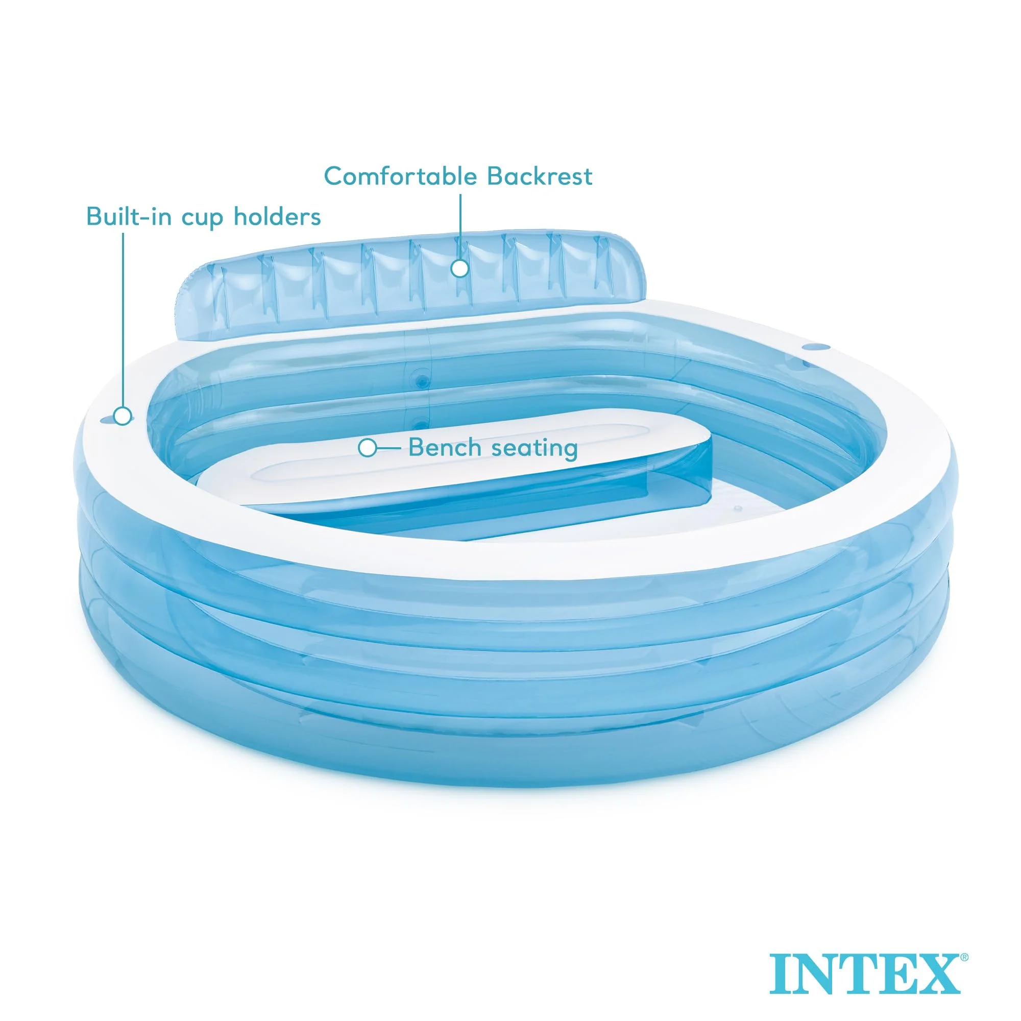 INTEX Swim Center Inflatable Family Lounge Pool: Built-In Bench – Cup Holder – 156 Gallon Capacity – 90" x 86" x 31" – Blue - Image 4