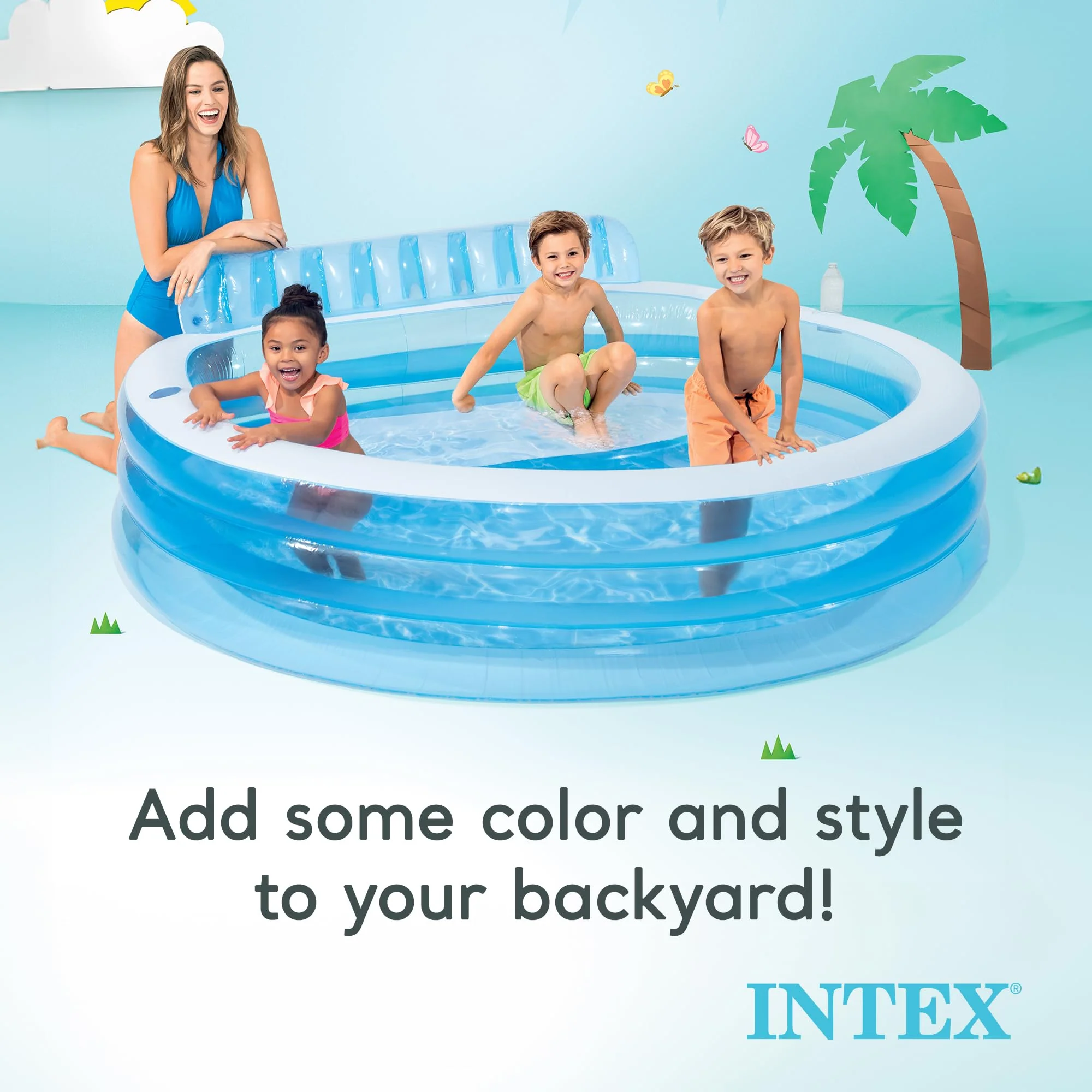 INTEX Swim Center Inflatable Family Lounge Pool: Built-In Bench – Cup Holder – 156 Gallon Capacity – 90" x 86" x 31" – Blue - Image 5
