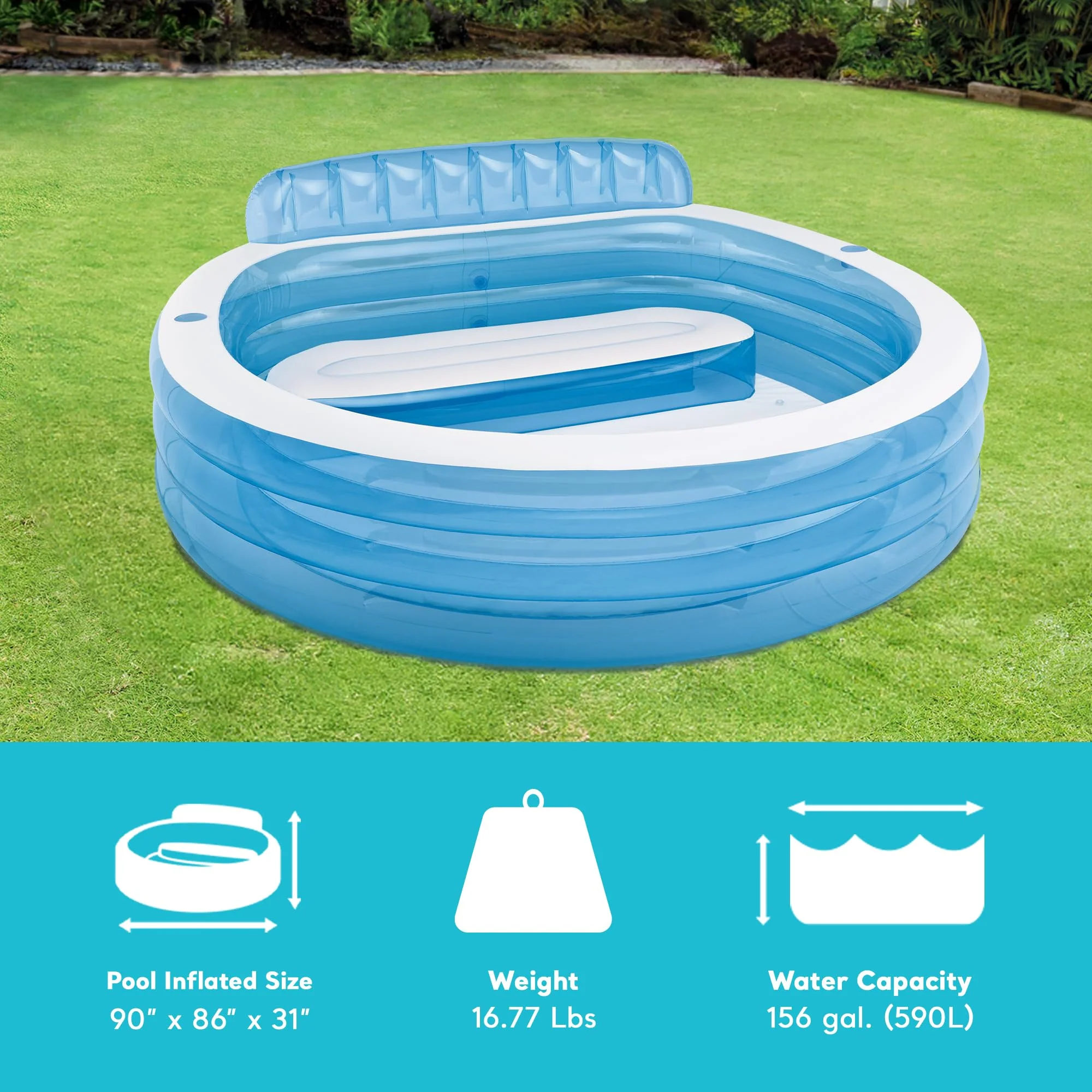 INTEX Swim Center Inflatable Family Lounge Pool: Built-In Bench – Cup Holder – 156 Gallon Capacity – 90" x 86" x 31" – Blue - Image 7