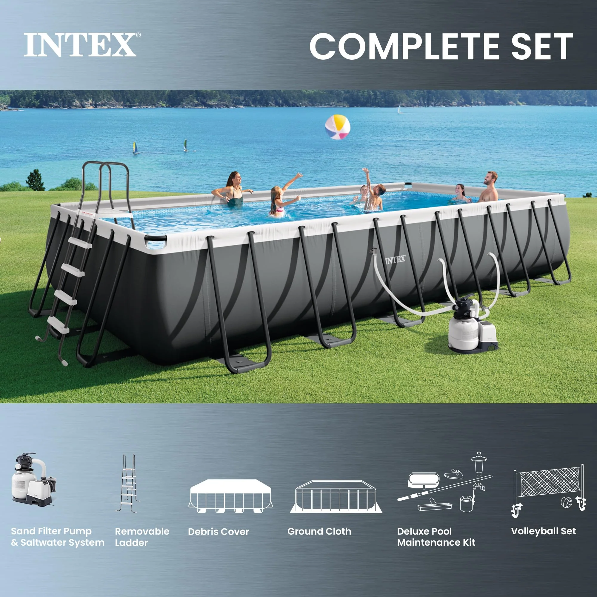 INTEX Ultra XTR 24 ft x 12 ft 52 in Above Ground Pool Set, Rectangular Swimming Pool with Sand Pump, Saltwater System, Maintenance Kit, & Volleyball Game - Image 7
