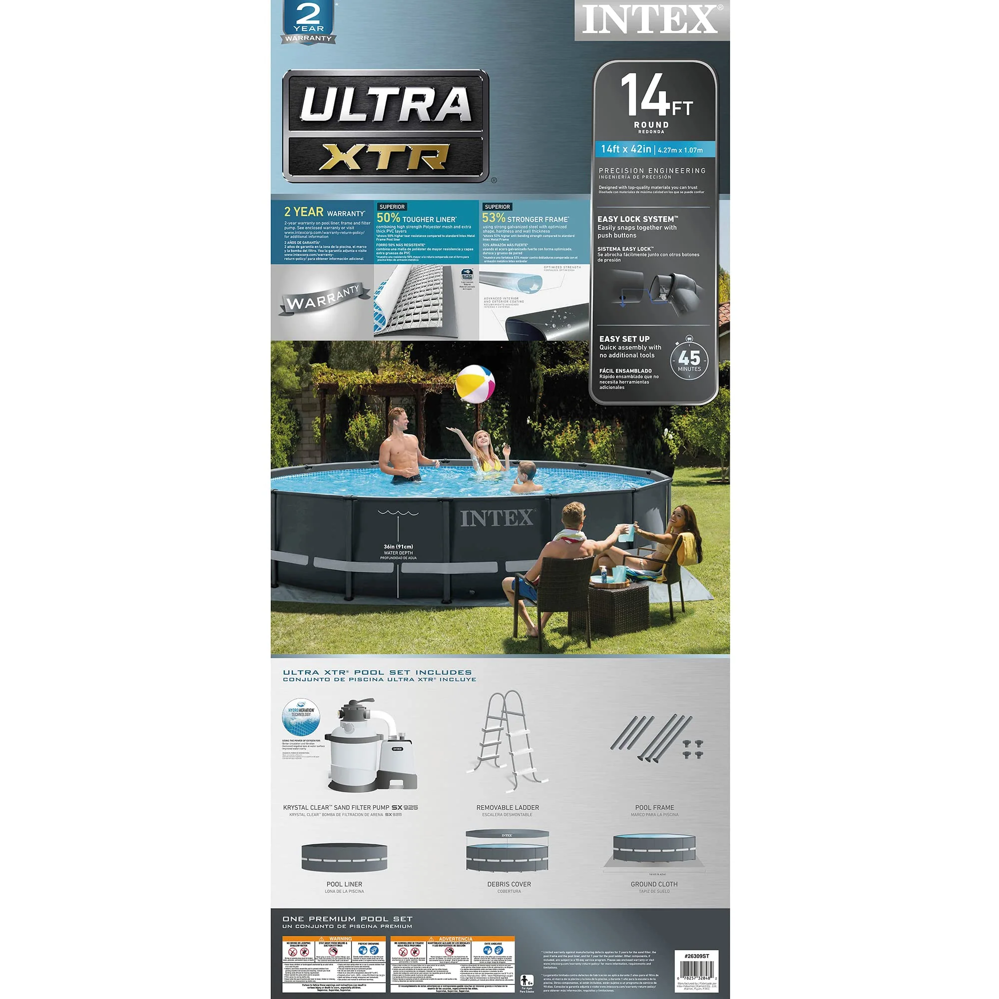 Intex Ultra XTR Frame 14' x 42" Round Above Ground Outdoor Swimming Pool Set with Sand Filter Pump, Ladder, Ground Cloth, and Pool Cover - Image 2