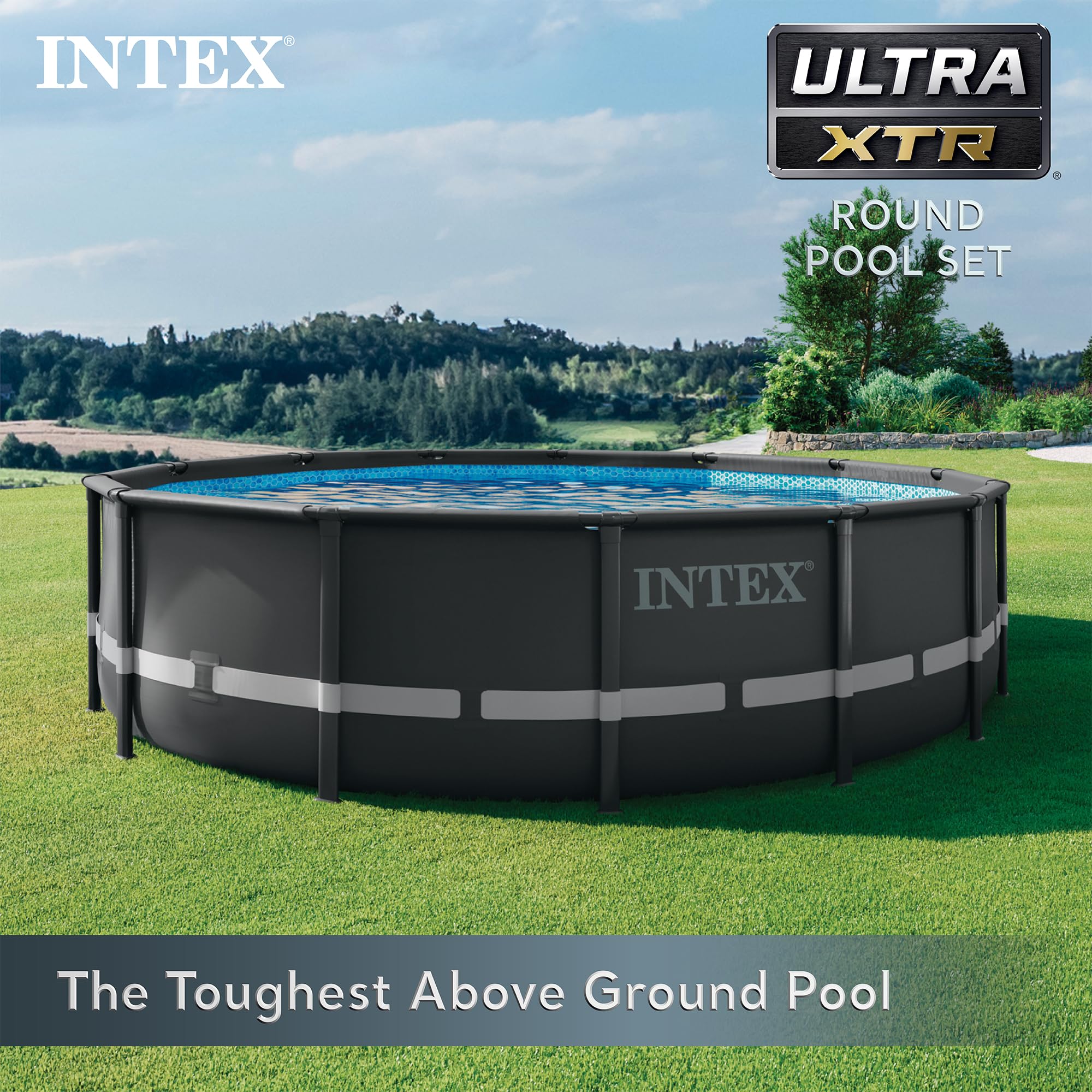 Intex Ultra XTR Frame 14' x 42" Round Above Ground Outdoor Swimming Pool Set with Sand Filter Pump, Ladder, Ground Cloth, and Pool Cover - Image 8