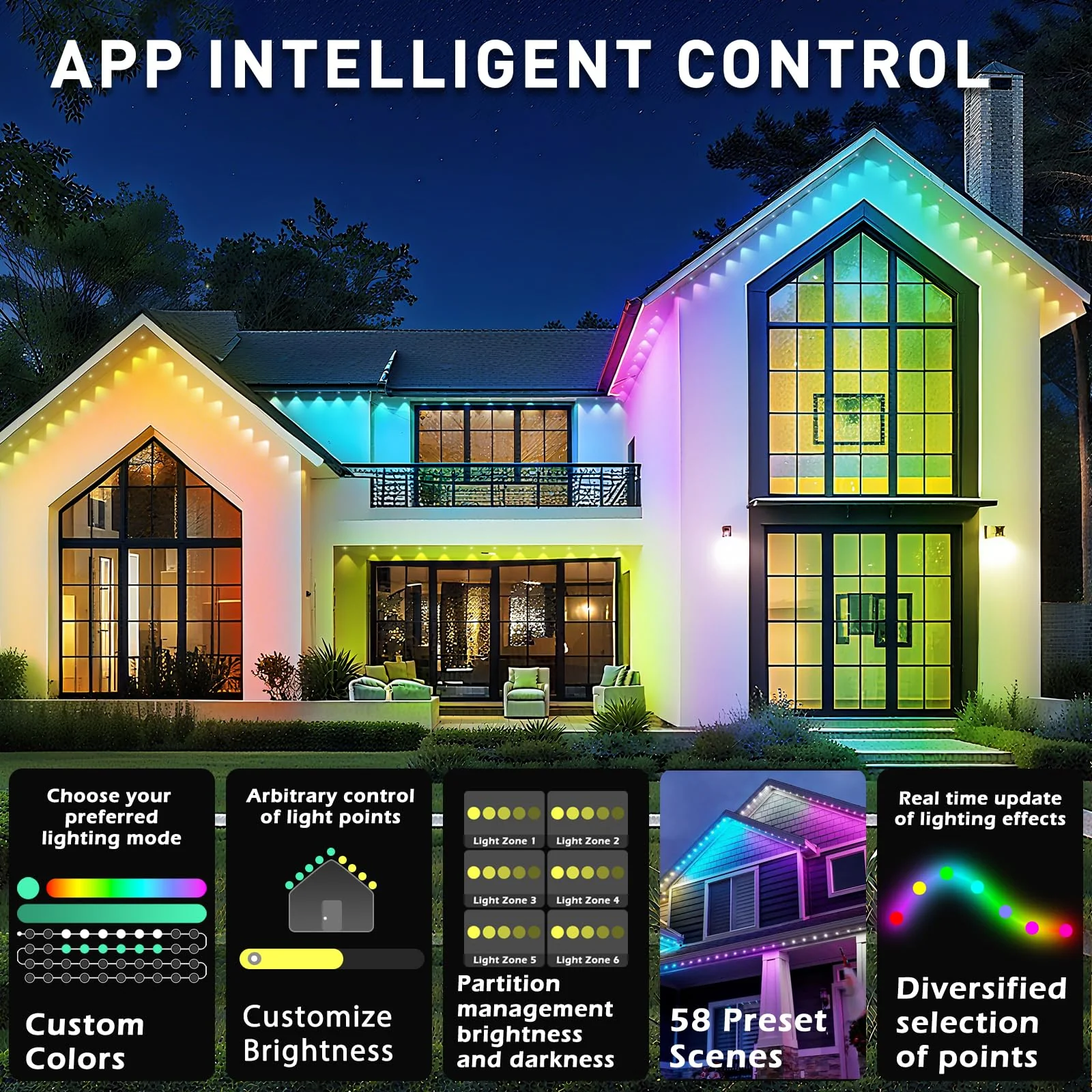 INZIDOL 100FT Permanent Outdoor Lights, IP67 Waterproof,for House Roof, Christmas, Holiday, Party, Daily Lighting, Smart RGB Outdoor Lights with Remote APP Control & DIY Scenes - Image 4