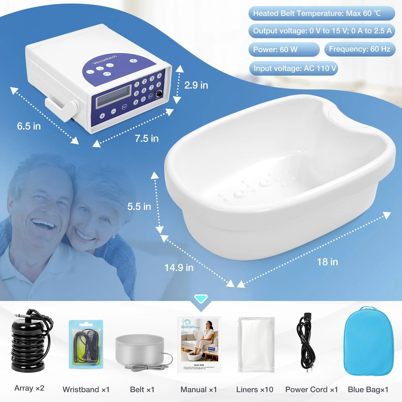 Ionic Detox Foot Bath - Foot Spa, Ionic Foot Bath Detox Machine Chi Cleanse with Tub, Wrist Strap, Far Infrared Waistbelt, 2 Arrays, Blue Bag - Image 4