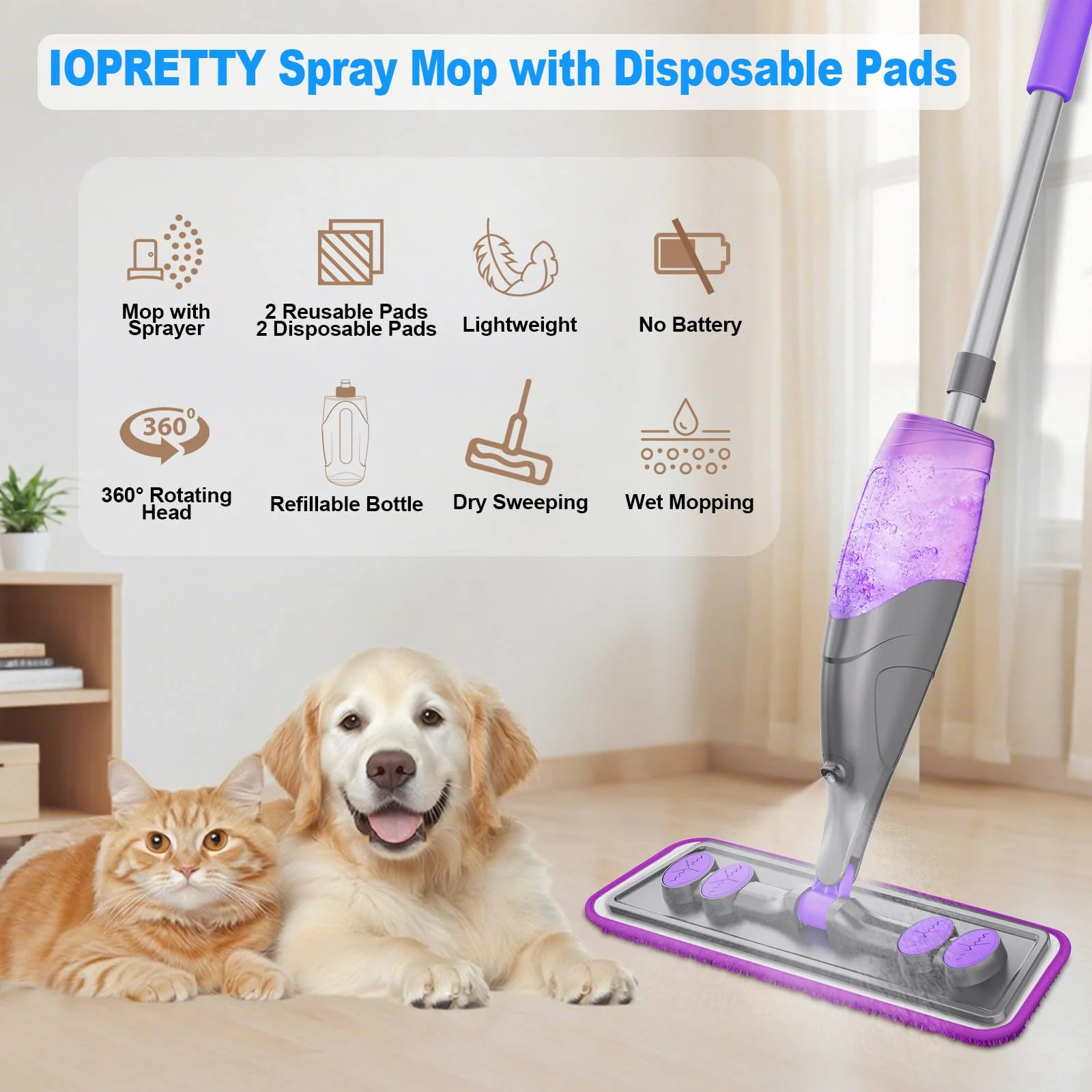 IOPRETTY Spray Mops for Floor Cleaning - Wet Dry Mops with 2 Washable + 2 Disposable Pads for Swiffer Powermop - Refillable Bottle for Hardwood Tile Home Kitchen - Absorbs Pet Hair Dust Stains - Image 7