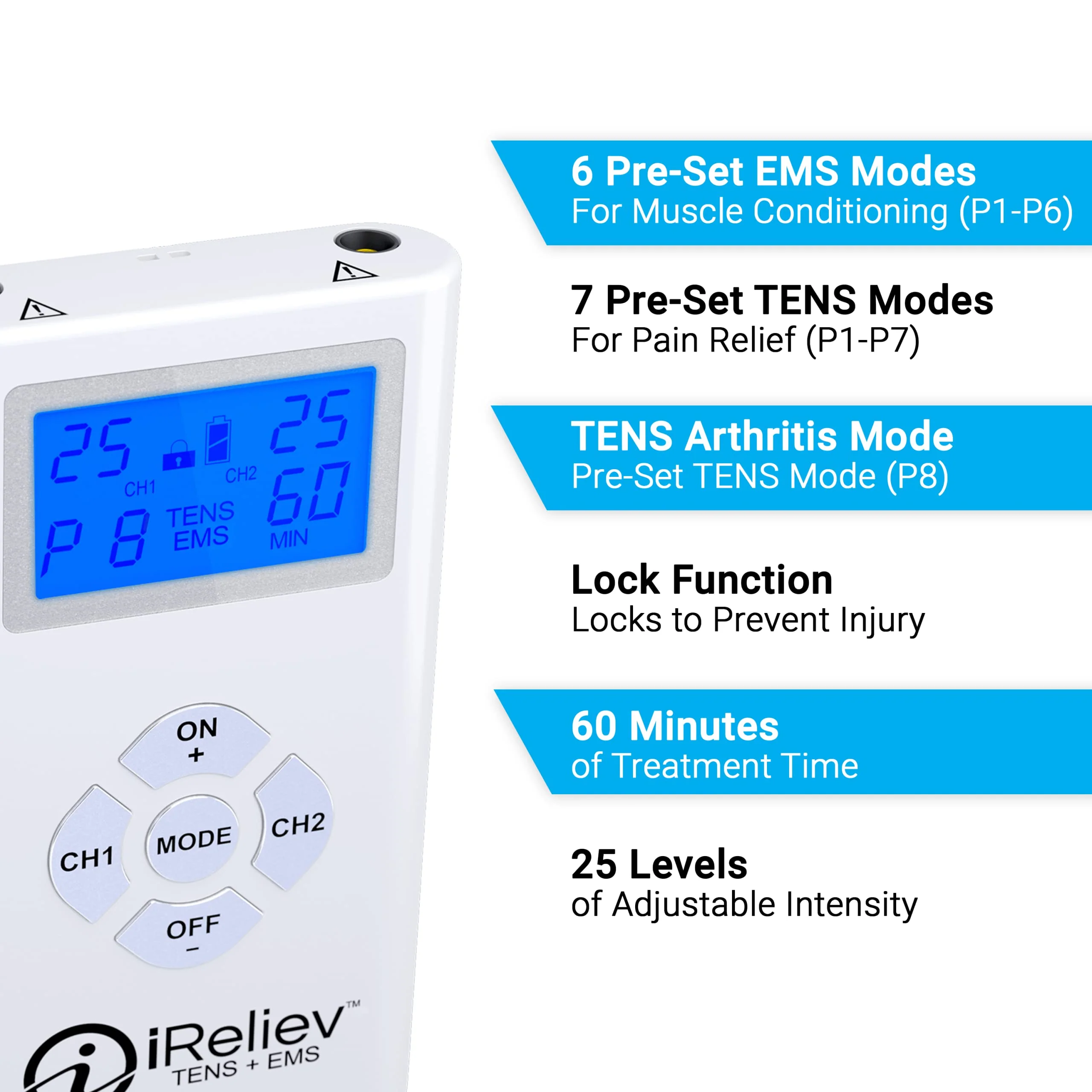 iReliev TENS + EMS Combination Unit Muscle Stimulator for Pain Relief, Arthritis, Muscle Strength - Treats Tired, Sore Muscles in Your Shoulders, Back, Ab's, Legs, Knee's, More - Image 5