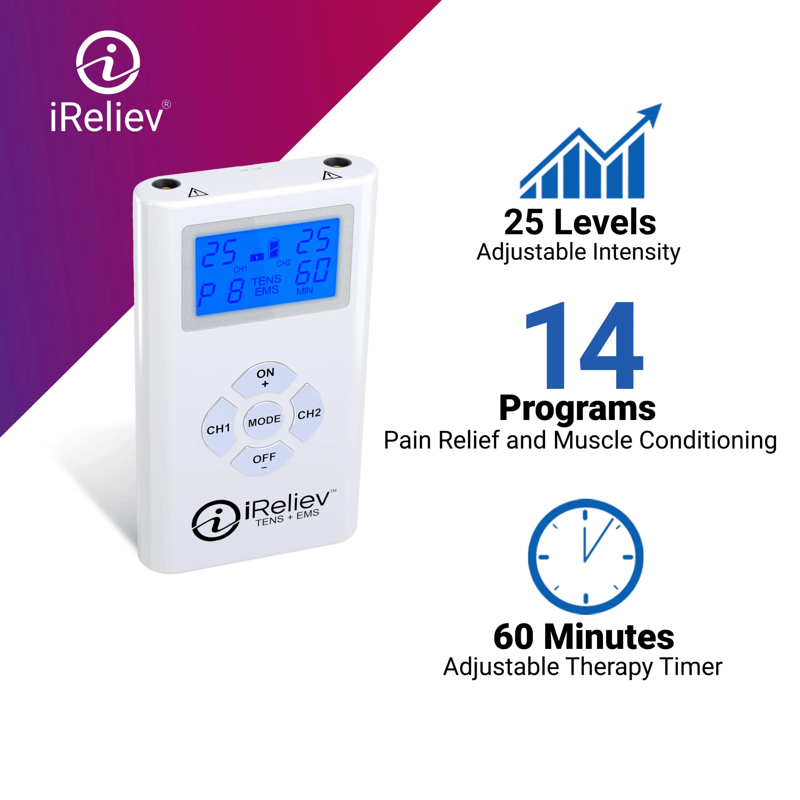 iReliev TENS + EMS Combination Unit Muscle Stimulator for Pain Relief, Arthritis, Muscle Strength - Treats Tired, Sore Muscles in Your Shoulders, Back, Ab's, Legs, Knee's, More - Image 7