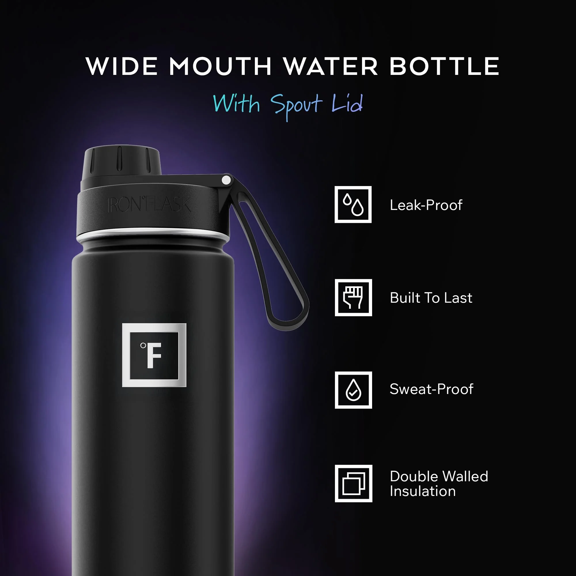 IRON °FLASK Camping & Hiking Hydration Flask with Spout, Wide Mouth Insulated Stainless Steel Sports Water Bottle - 22 oz Black Marquina - Image 3