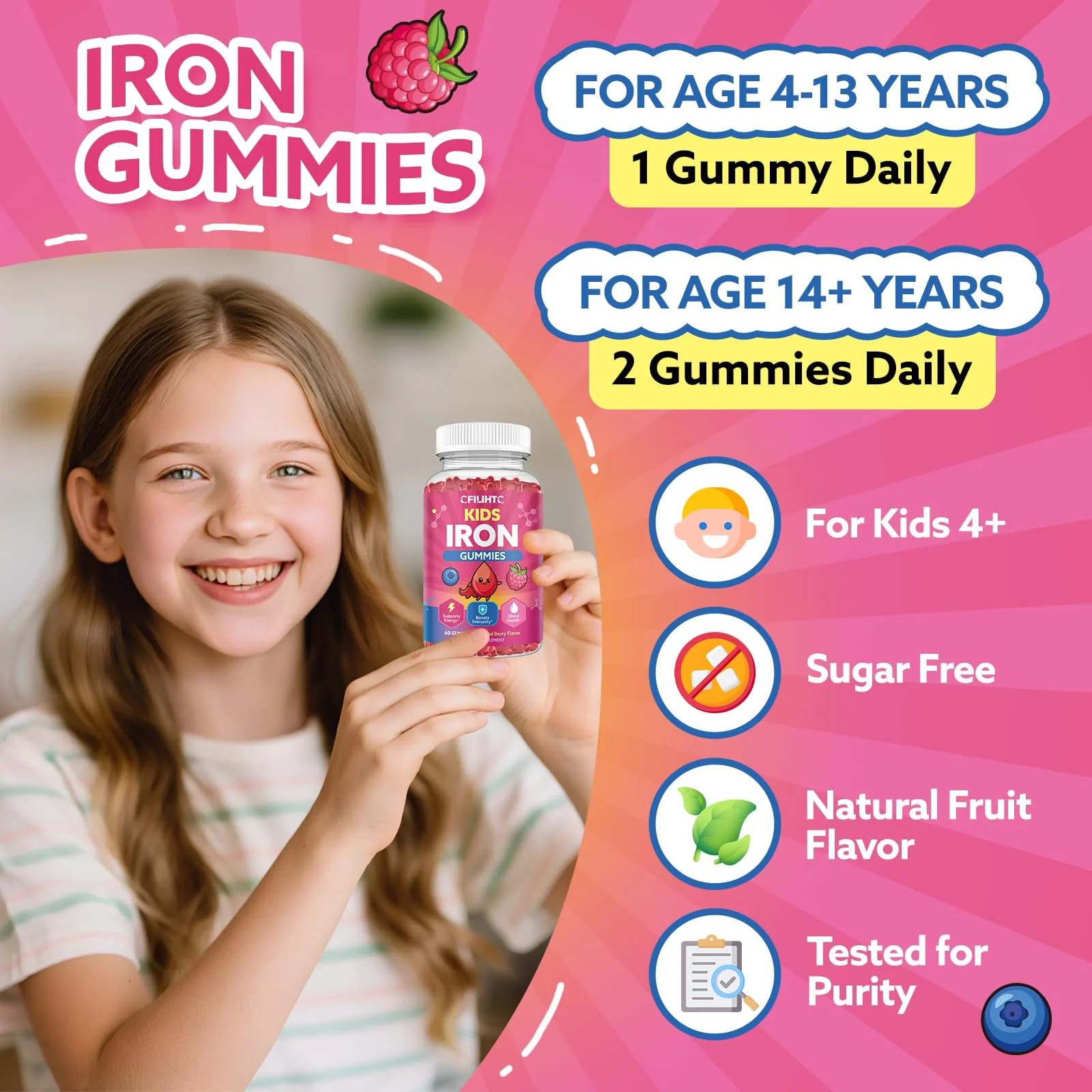 Iron Gummies for Kids & Teens, Kids Multivitamin with Iron Supplement, Calcium, Folate, Zinc, Prebiotic - for Blood Builder & Energy Support, Iron Deficiency - Vegan & Non-GMO - 60 Count Mixberry - Image 4